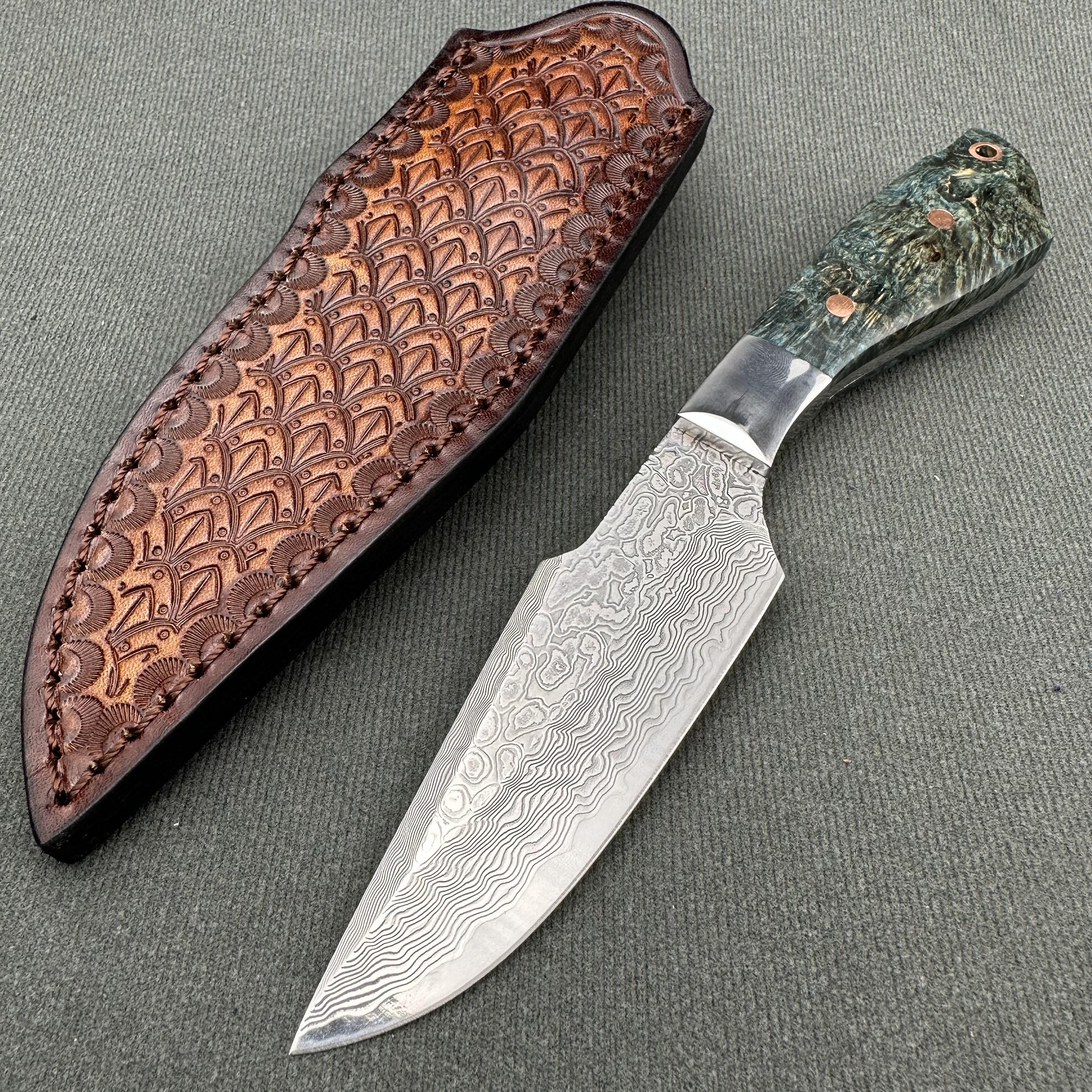 XG4276 Damascus Fixed Blade Knife Stable Wood Handle Leather Sheath