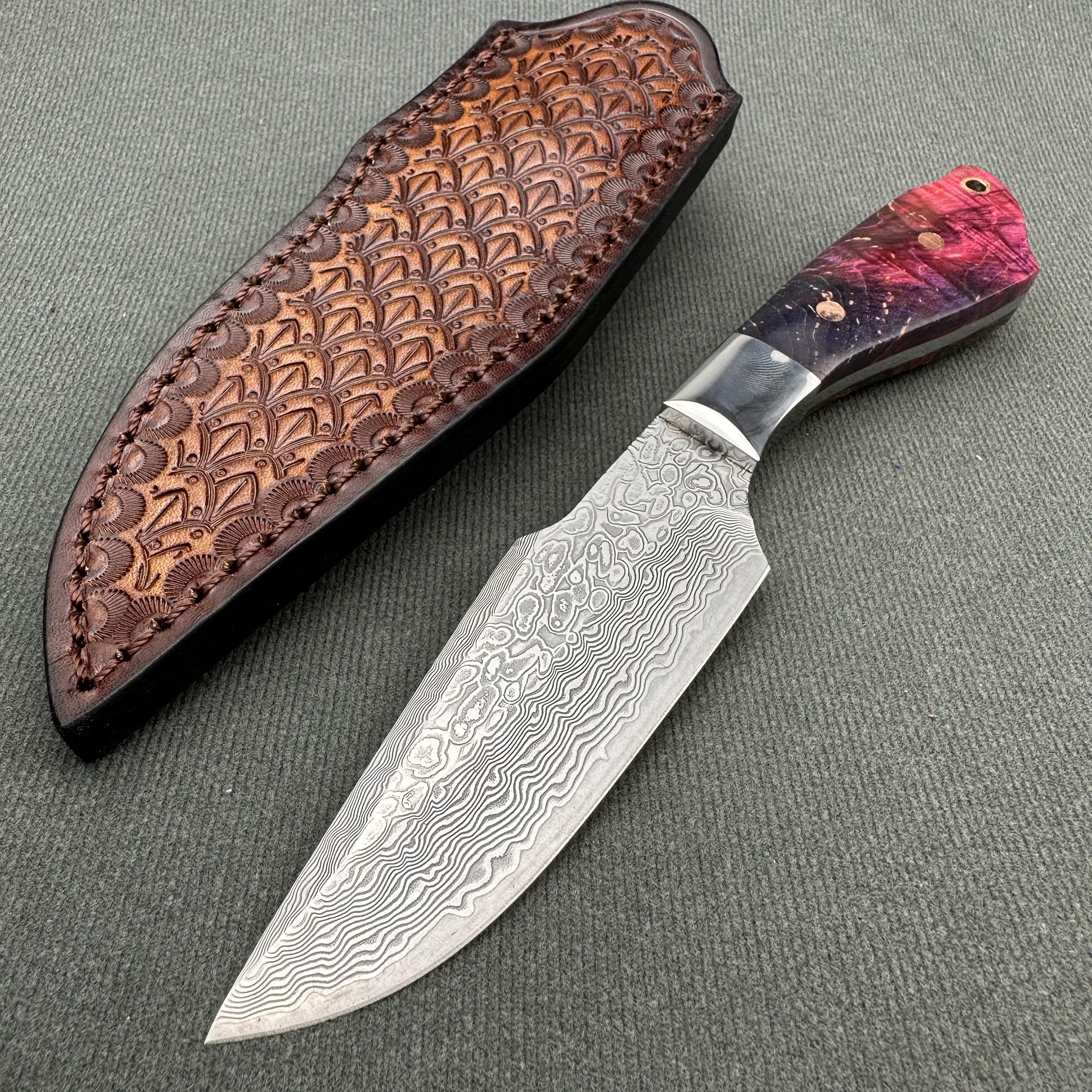 XG4276 Damascus Fixed Blade Knife Stable Wood Handle Leather Sheath