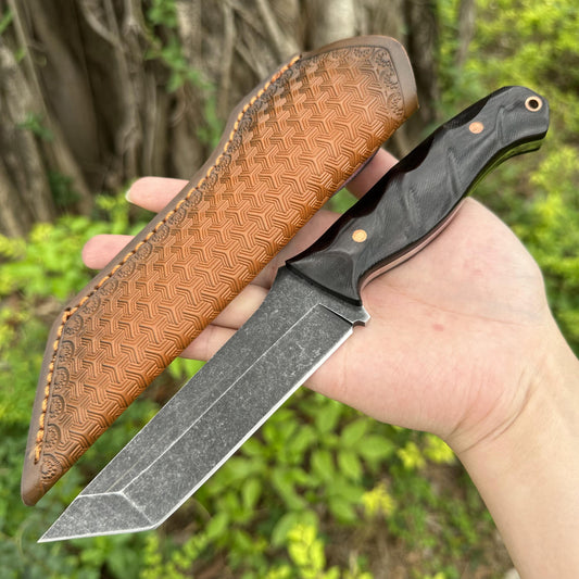 XG4271 AUS-8 Fixed Blade Knife Sandalwood Handle Leather Sheath