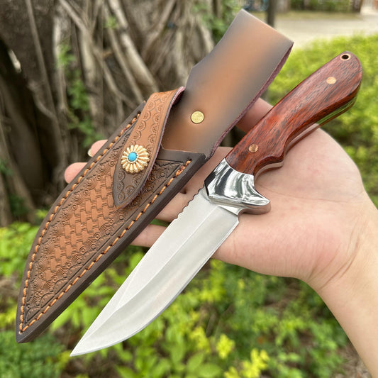 XG4275 D2 Fixed Blade Knife Sandalwood Handle Leather Sheath