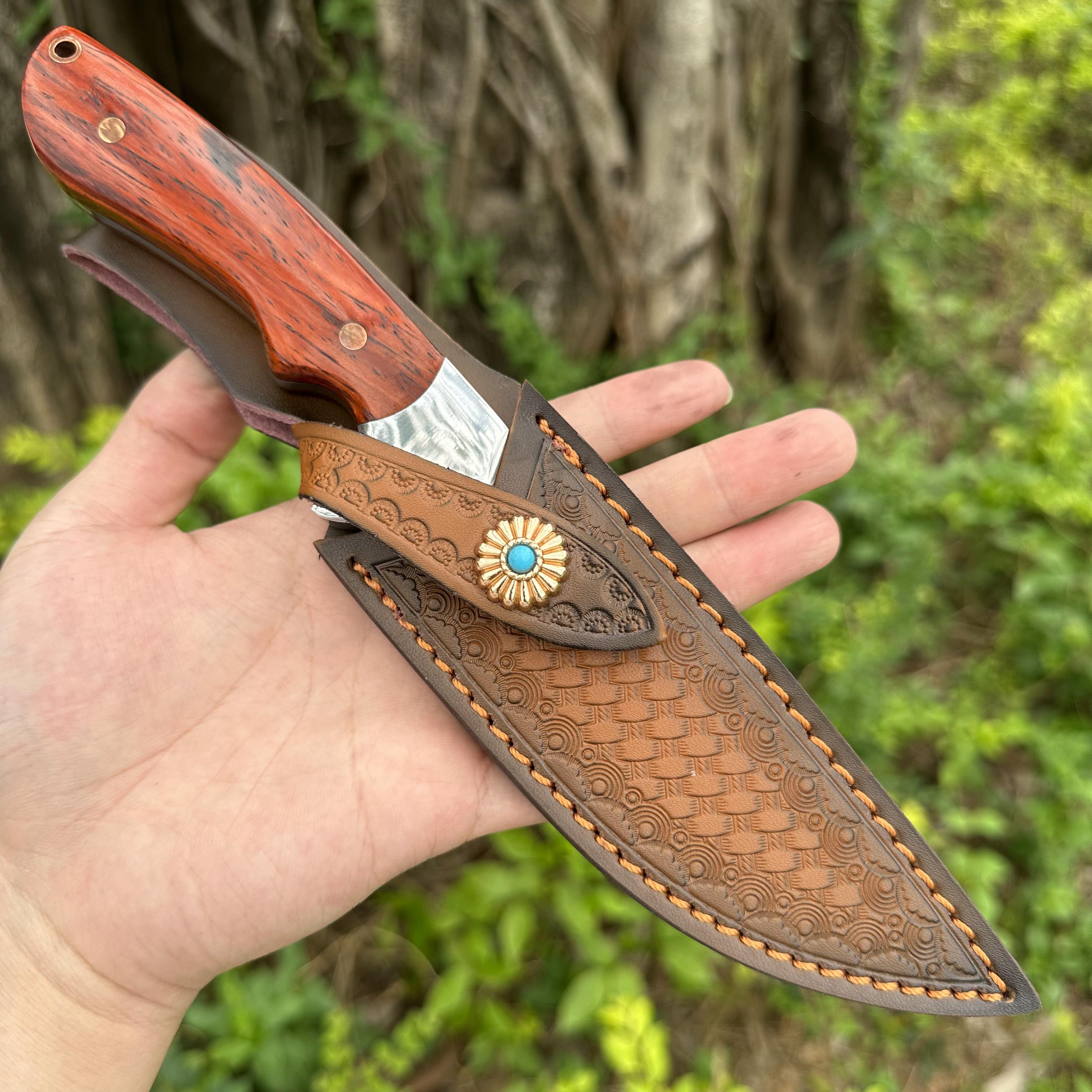 XG4275 D2 Fixed Blade Knife Sandalwood Handle Leather Sheath