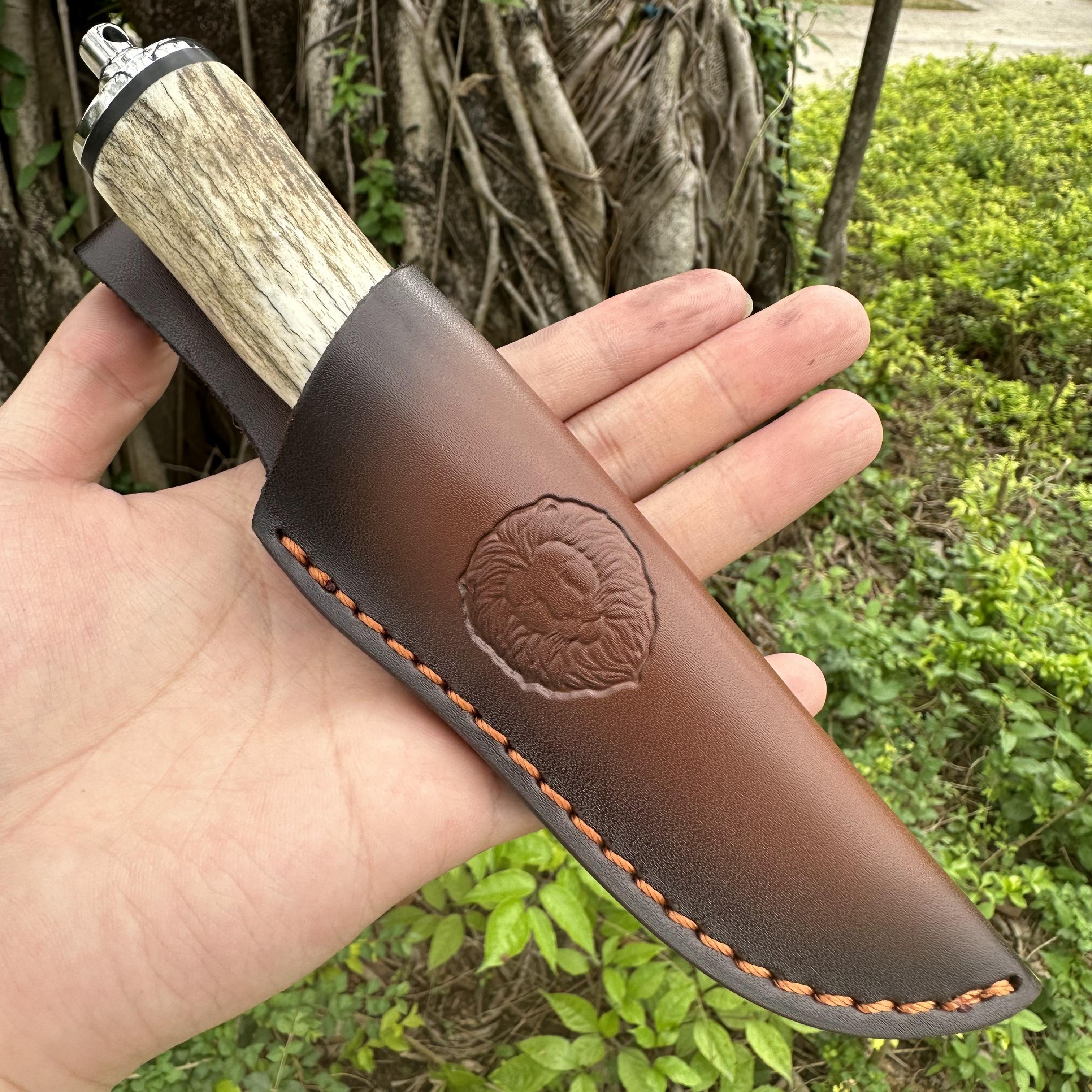 DG2363 Fixed Damascus VG10 Blade Antlers Handle Leather Sheath