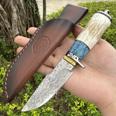 DG2363 Fixed Damascus VG10 Blade Antlers Handle Leather Sheath