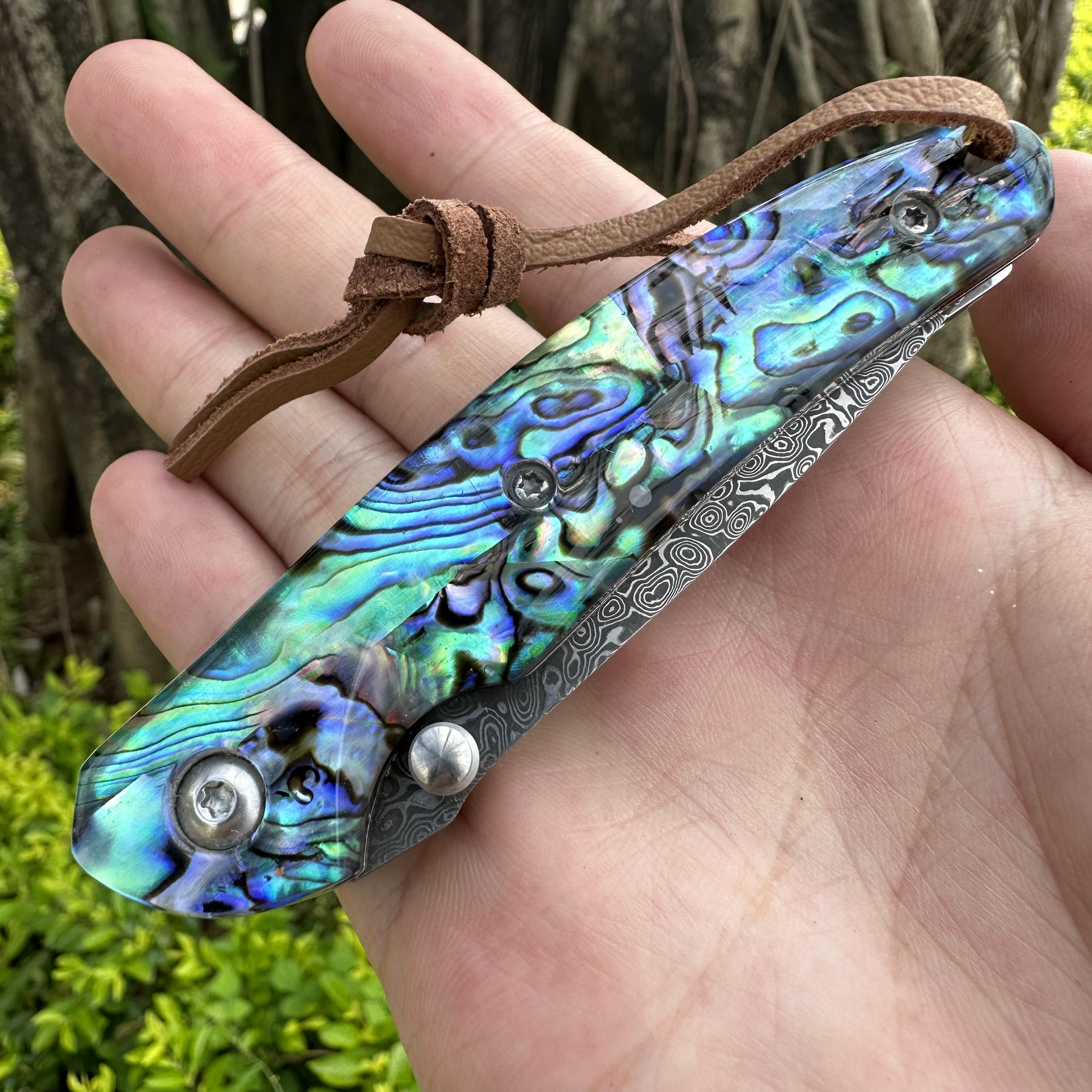 05419 Damascus Blade Abalone Shell Handle Pocket Knife Liner Lock