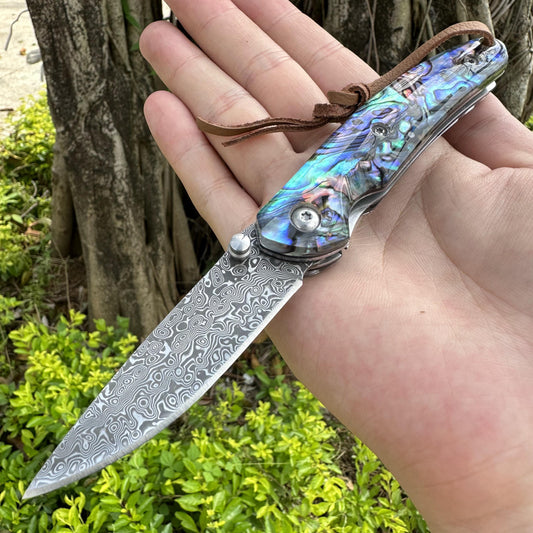 05419 Damascus Blade Abalone Shell Handle Pocket Knife Liner Lock