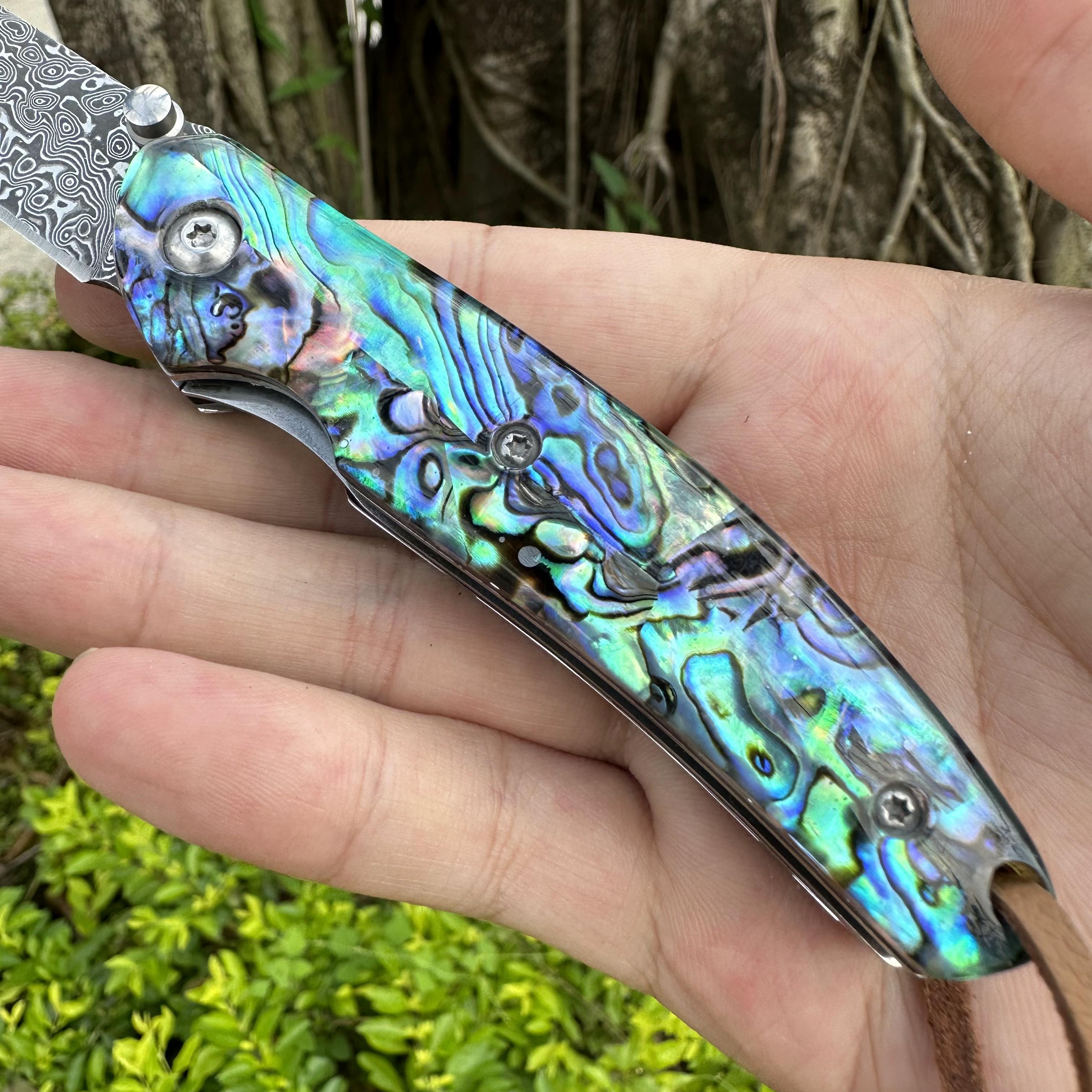 05419 Damascus Blade Abalone Shell Handle Pocket Knife Liner Lock