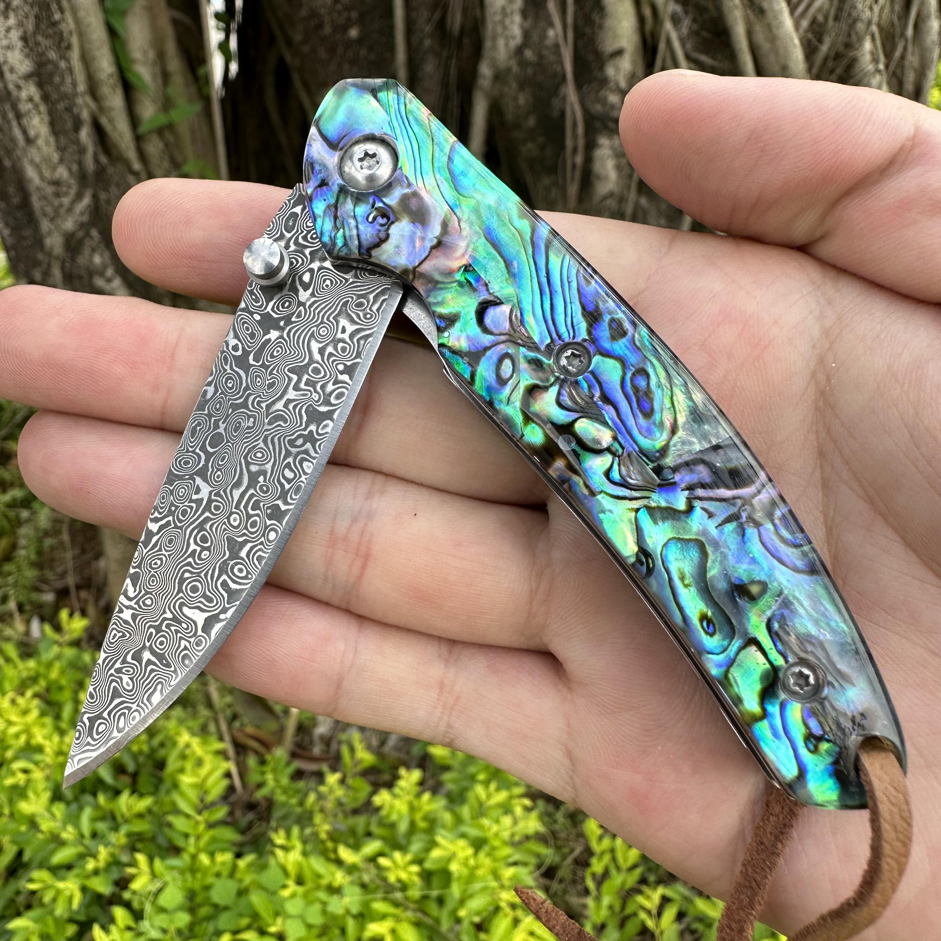 05419 Damascus Blade Abalone Shell Handle Pocket Knife Liner Lock