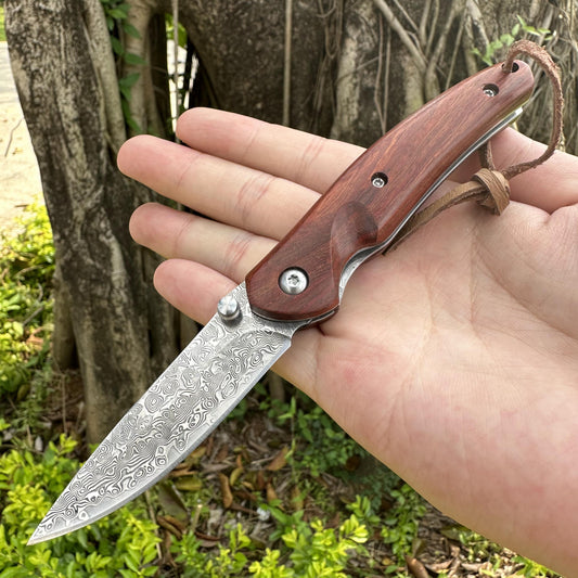 05420 Damascus Blade Rose Wood Handle Pocket Knife Liner Lock