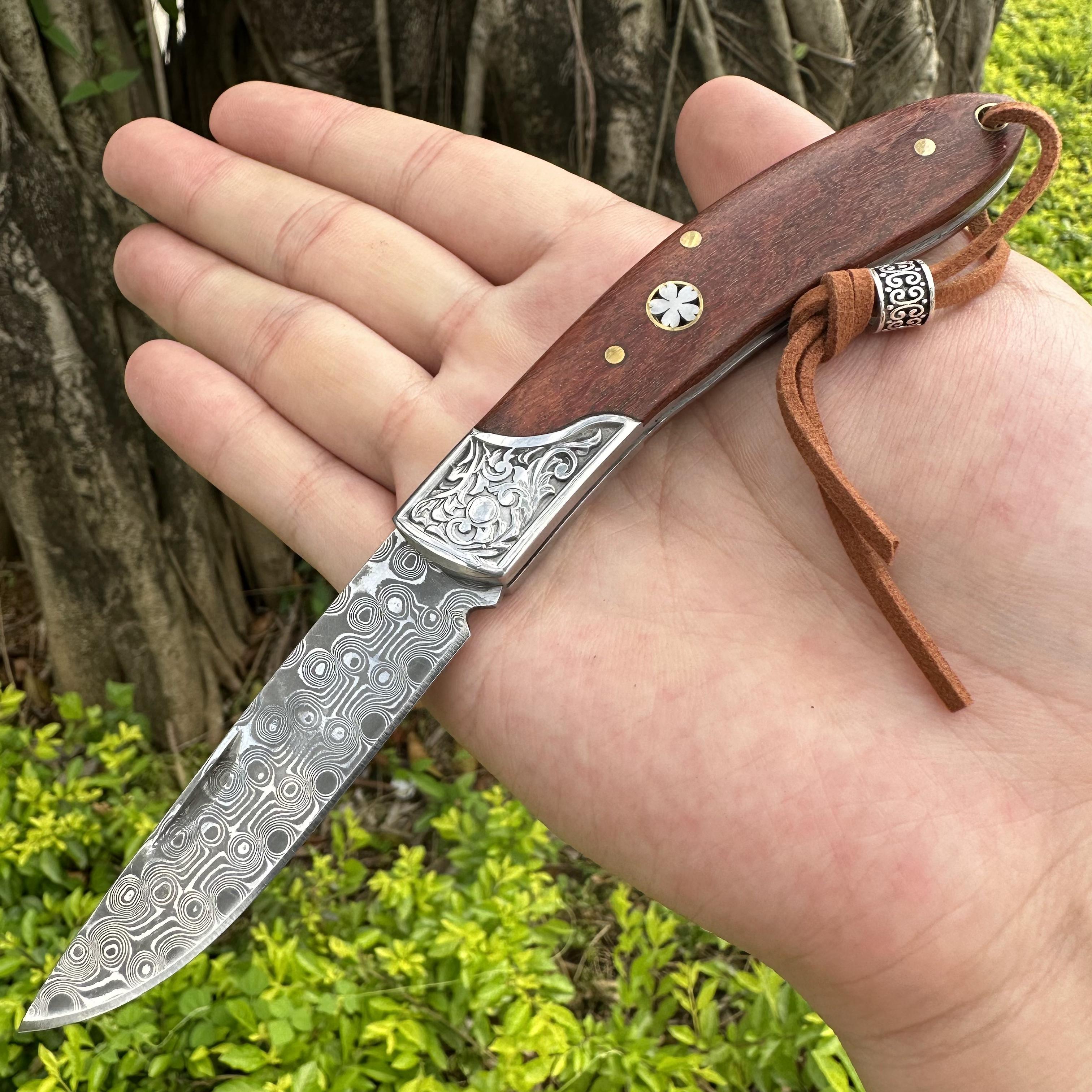 RJ01 Damascus Blade Beef Bone/Resin/Rosewood Handle Pocket Knife