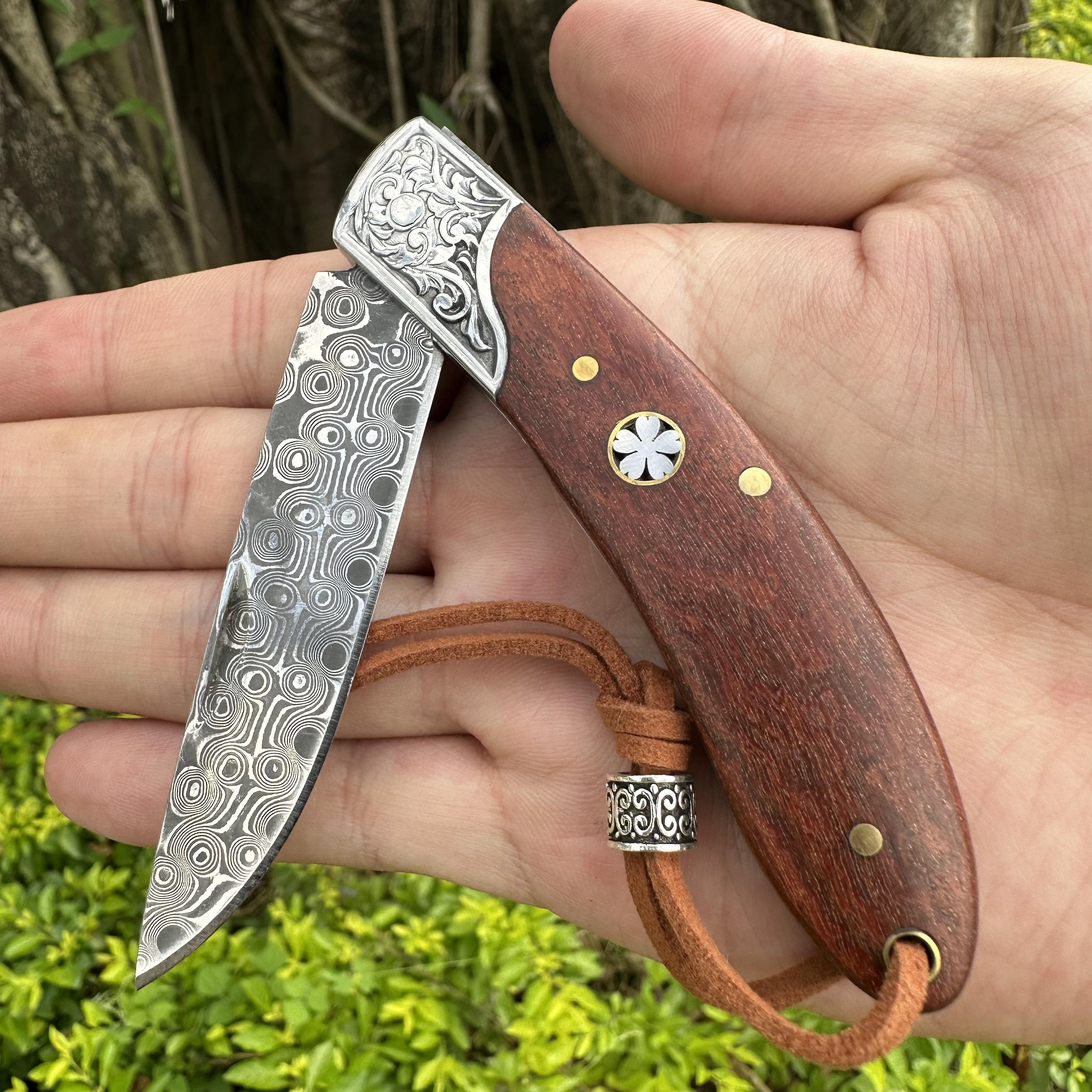RJ01 Damascus Blade Beef Bone/Resin/Rosewood Handle Pocket Knife