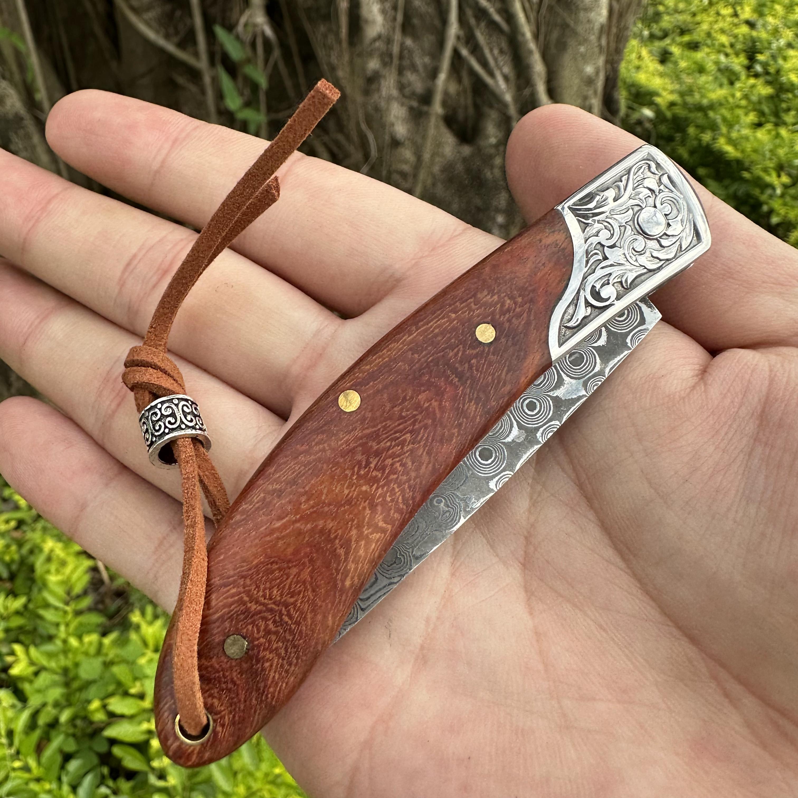 RJ01 Damascus Blade Beef Bone/Resin/Rosewood Handle Pocket Knife