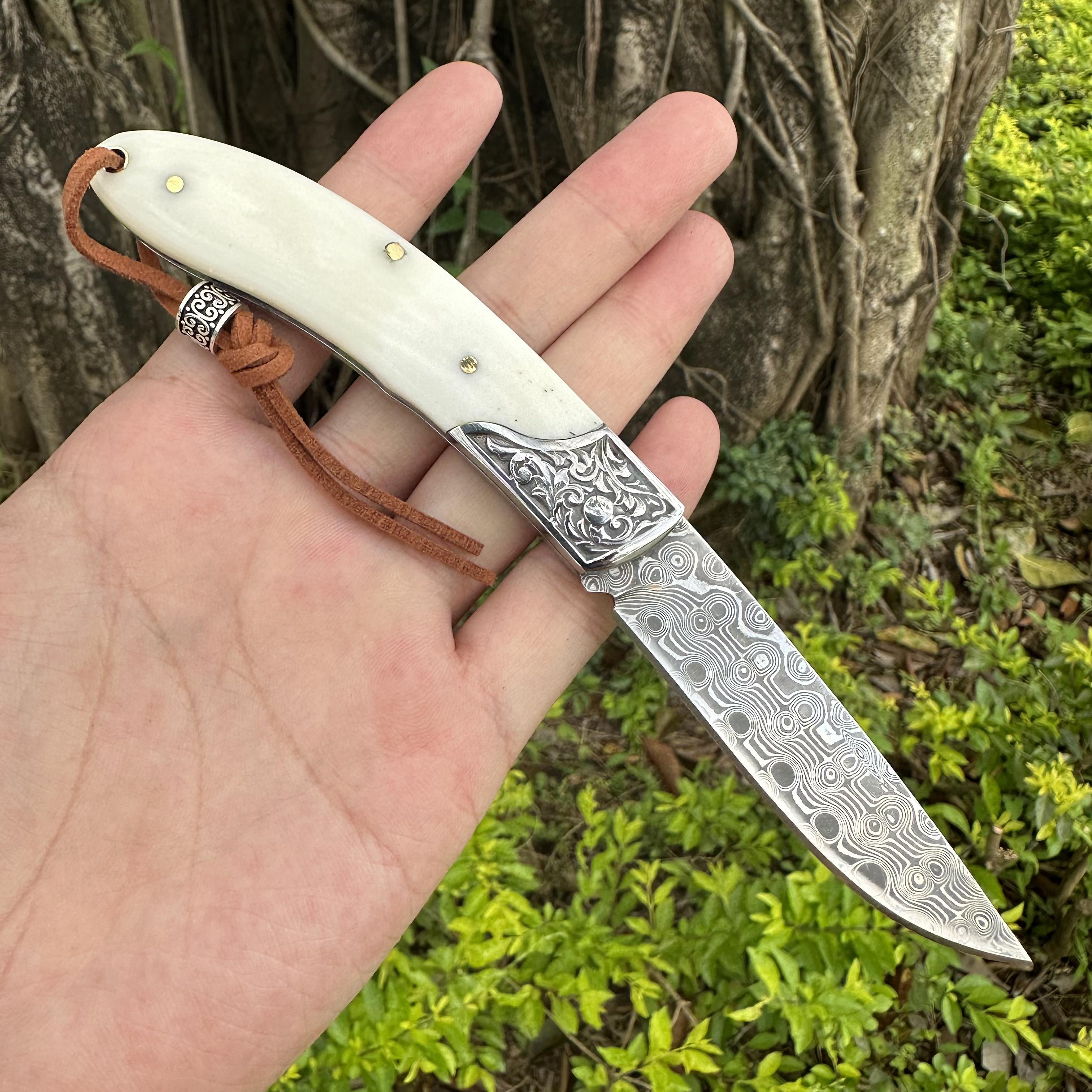 RJ01 Damascus Blade Beef Bone/Resin/Rosewood Handle Pocket Knife