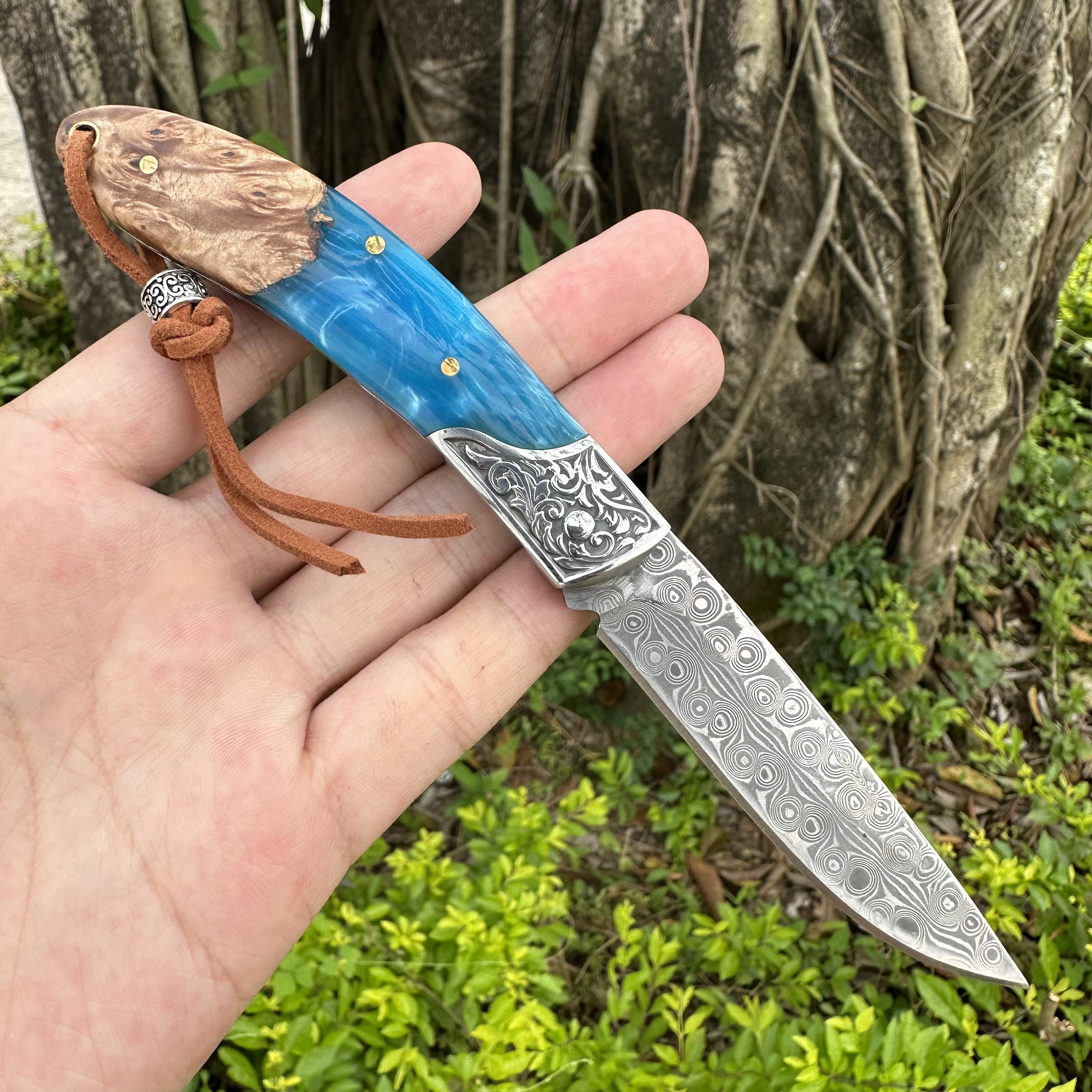 RJ01 Damascus Blade Beef Bone/Resin/Rosewood Handle Pocket Knife