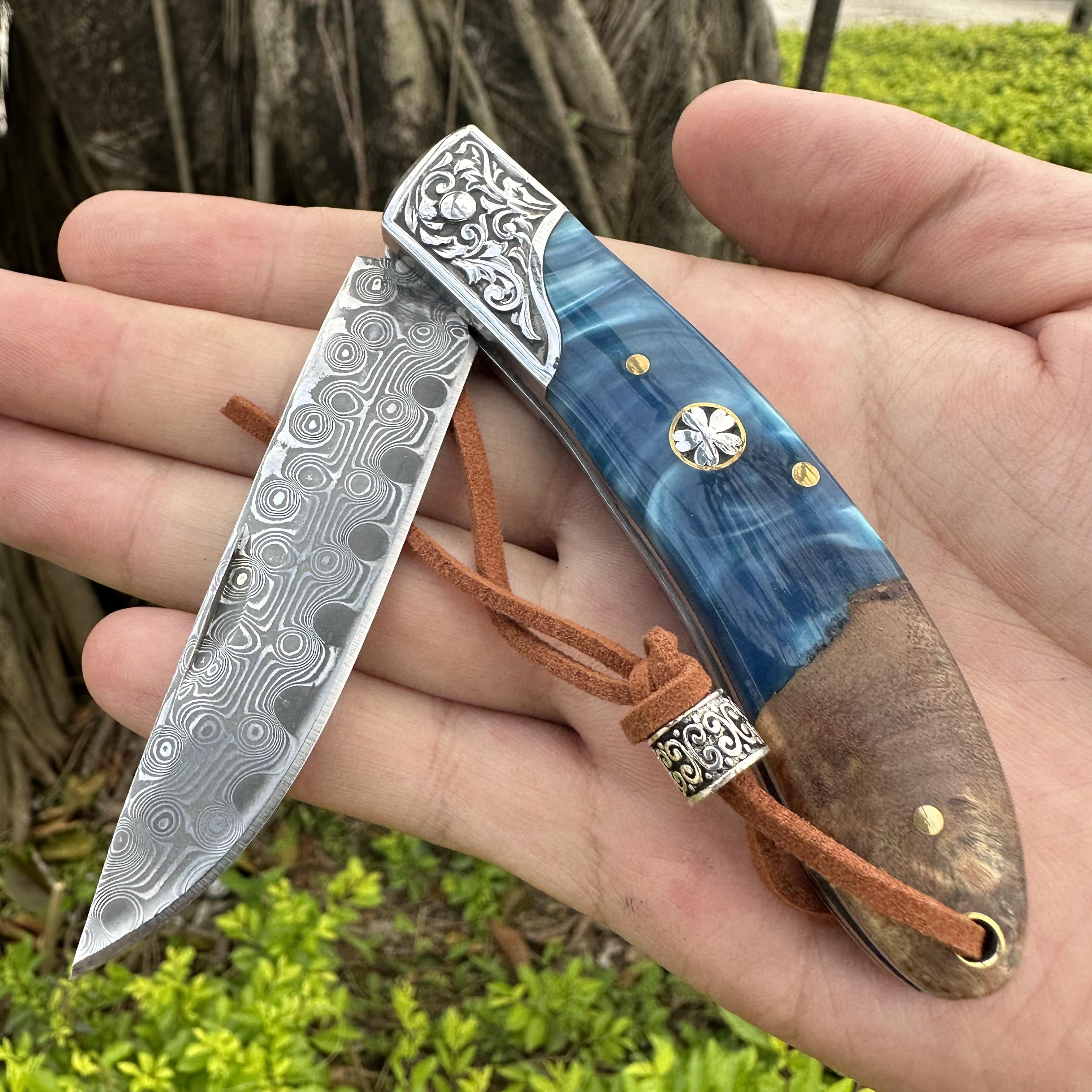 RJ01 Damascus Blade Beef Bone/Resin/Rosewood Handle Pocket Knife