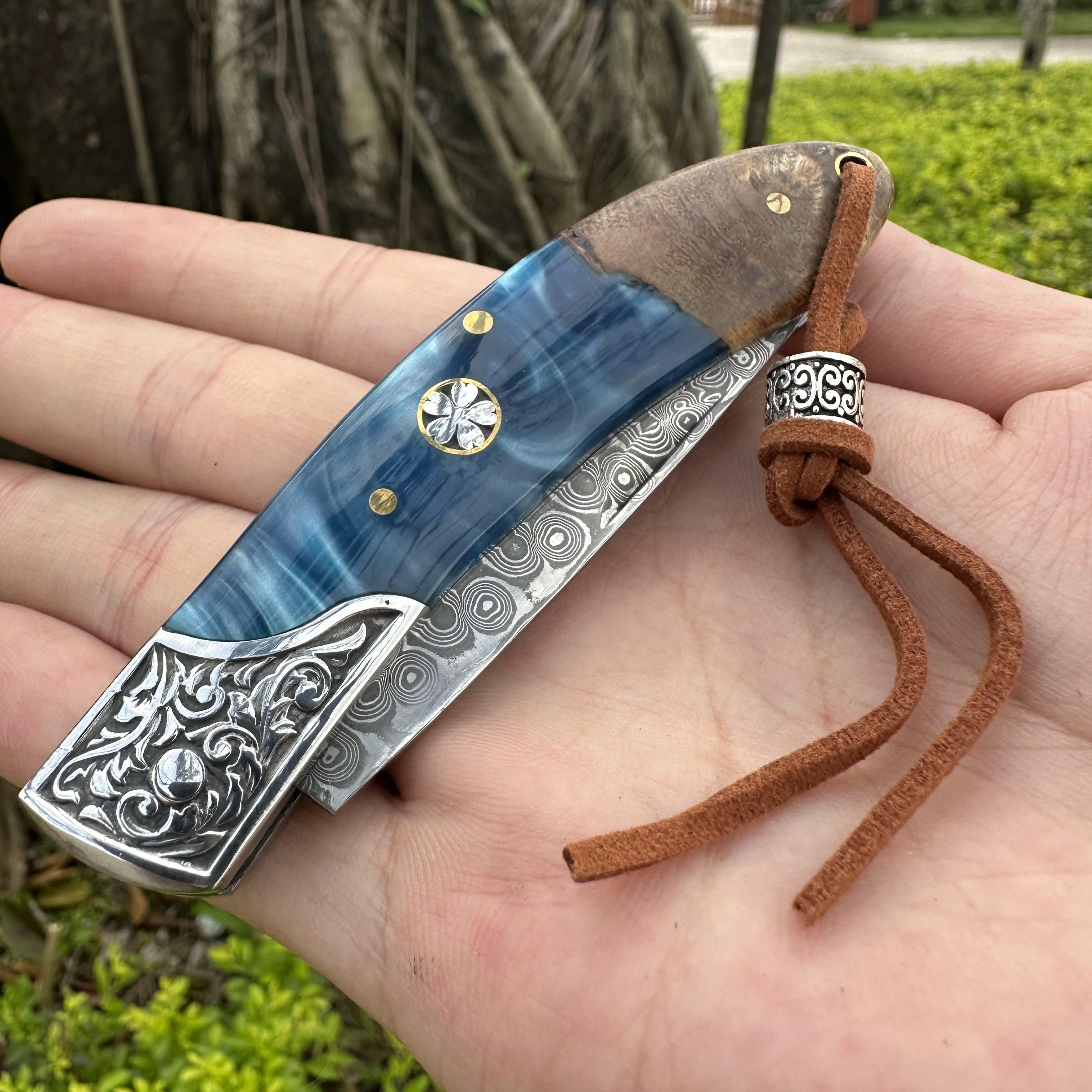 RJ01 Damascus Blade Beef Bone/Resin/Rosewood Handle Pocket Knife