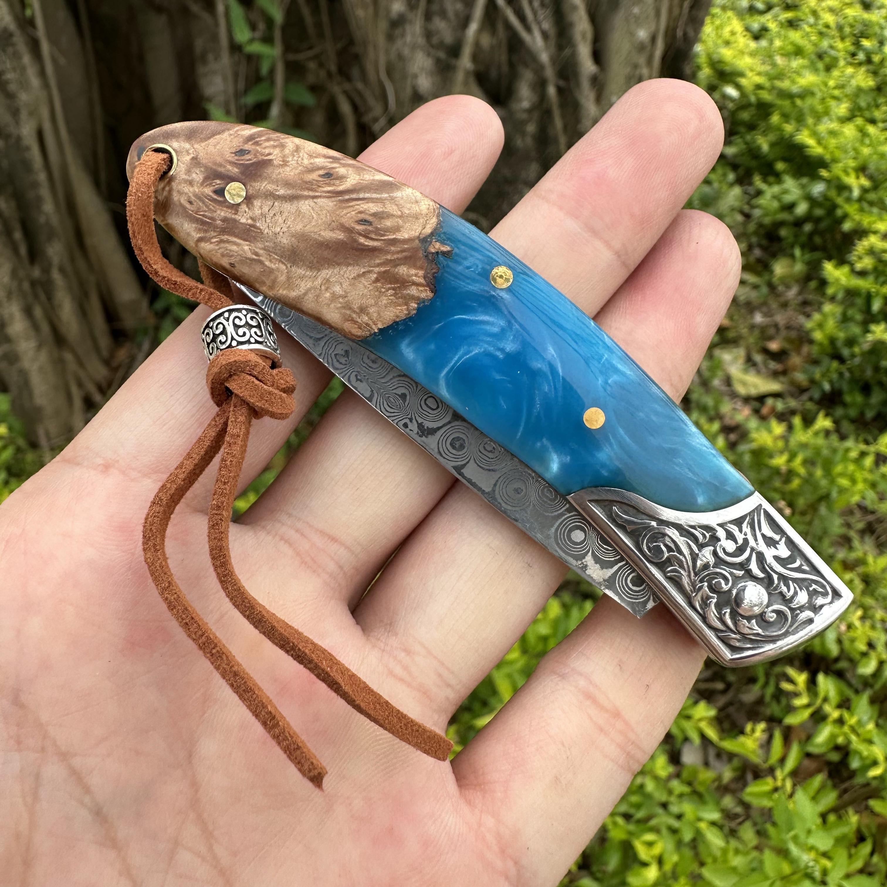 RJ01 Damascus Blade Beef Bone/Resin/Rosewood Handle Pocket Knife