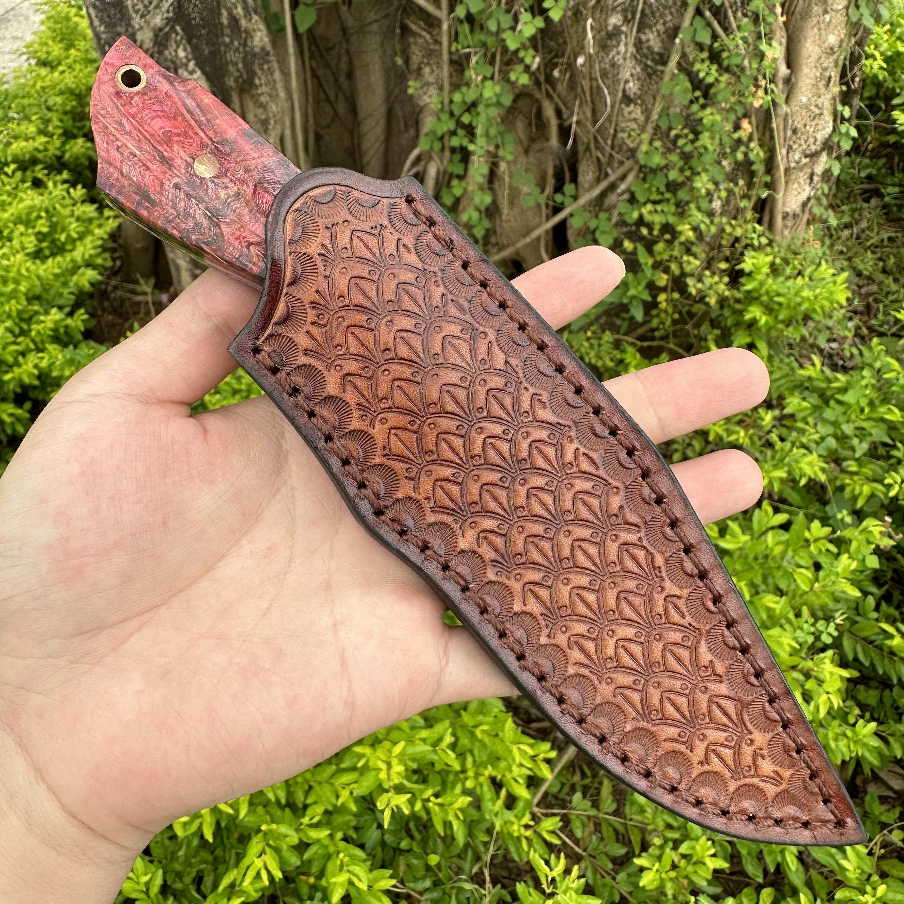 XG4276 Damascus Fixed Blade Knife Stable Wood Handle Leather Sheath