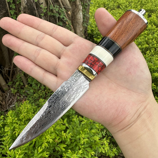 DG2369 Fixed Damascus Blade Agate Rosewood Handle Leather Sheath