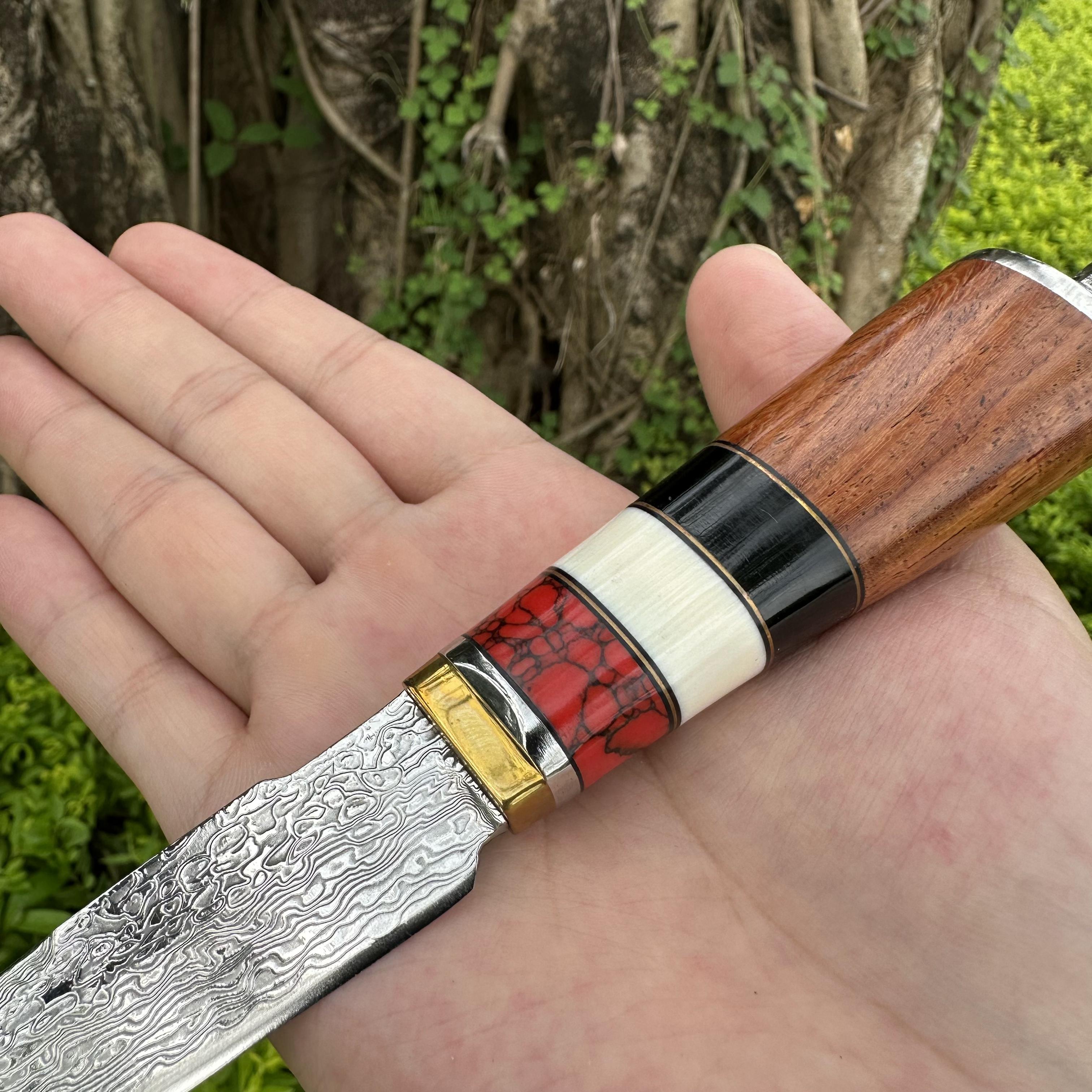 DG2369 Fixed Damascus Blade Agate Rosewood Handle Leather Sheath