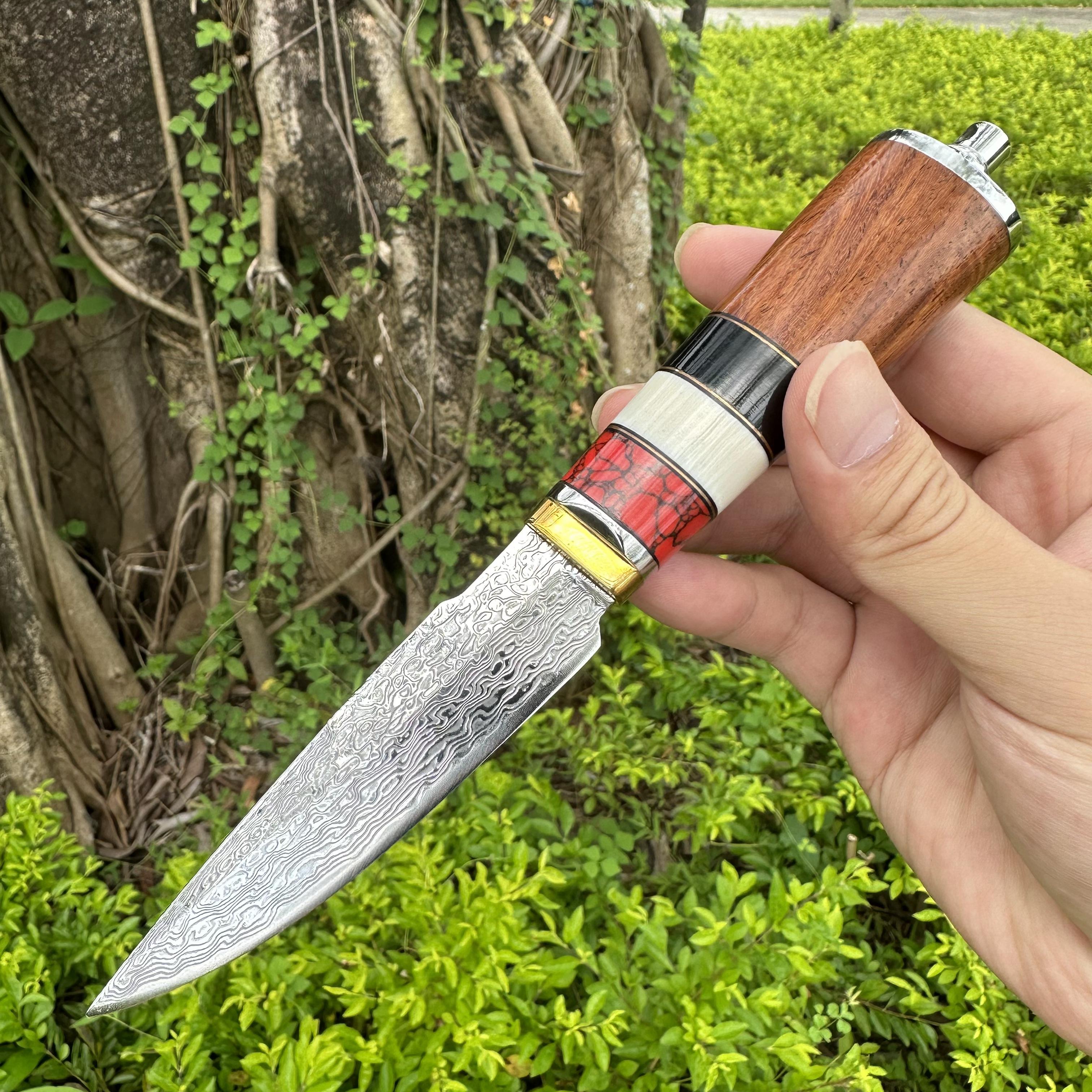 DG2369 Fixed Damascus Blade Agate Rosewood Handle Leather Sheath