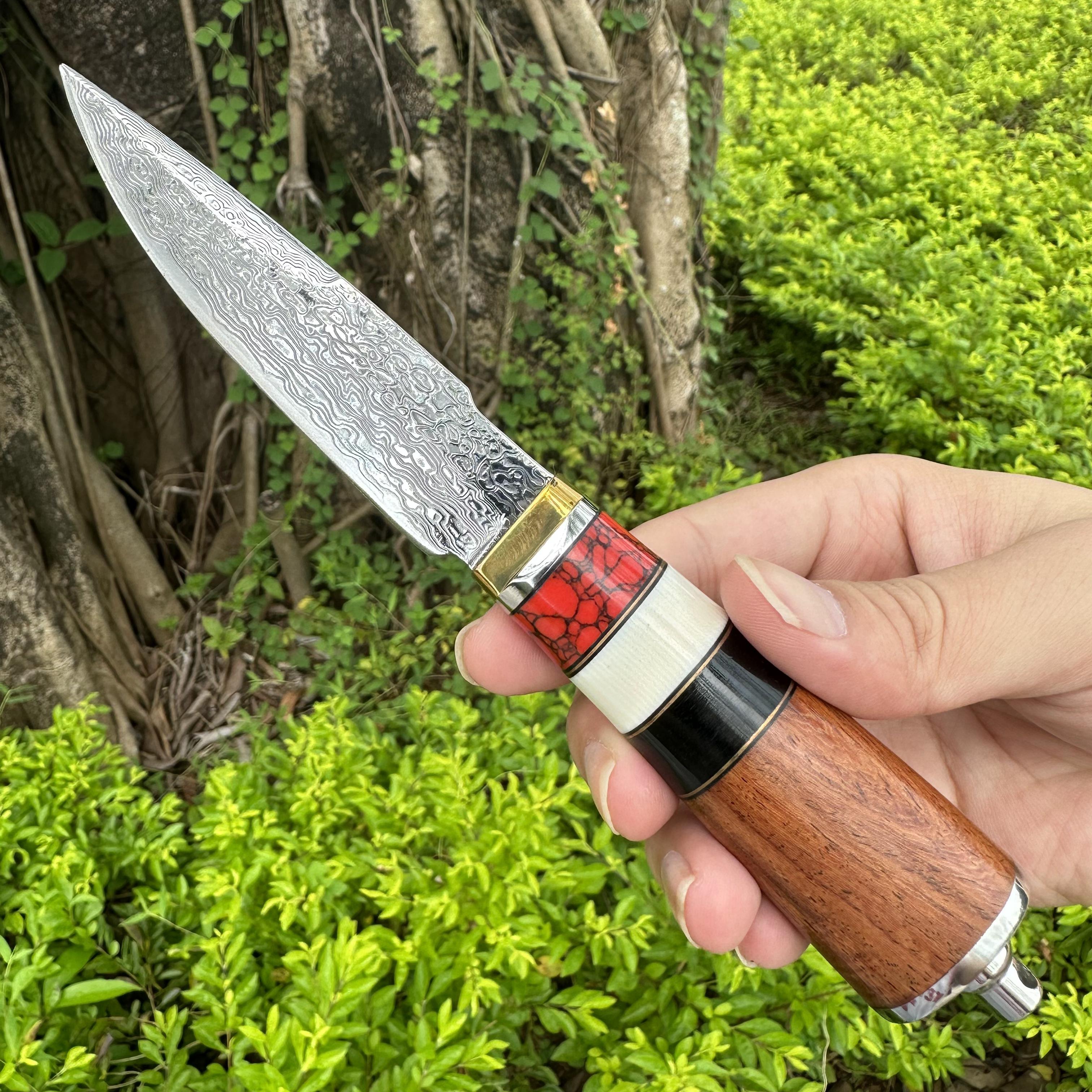 DG2369 Fixed Damascus Blade Agate Rosewood Handle Leather Sheath