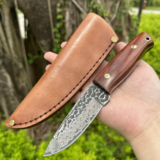 NK1301 Damascus Fixed Blade Knife Sandalwood Handle Leather Sheath