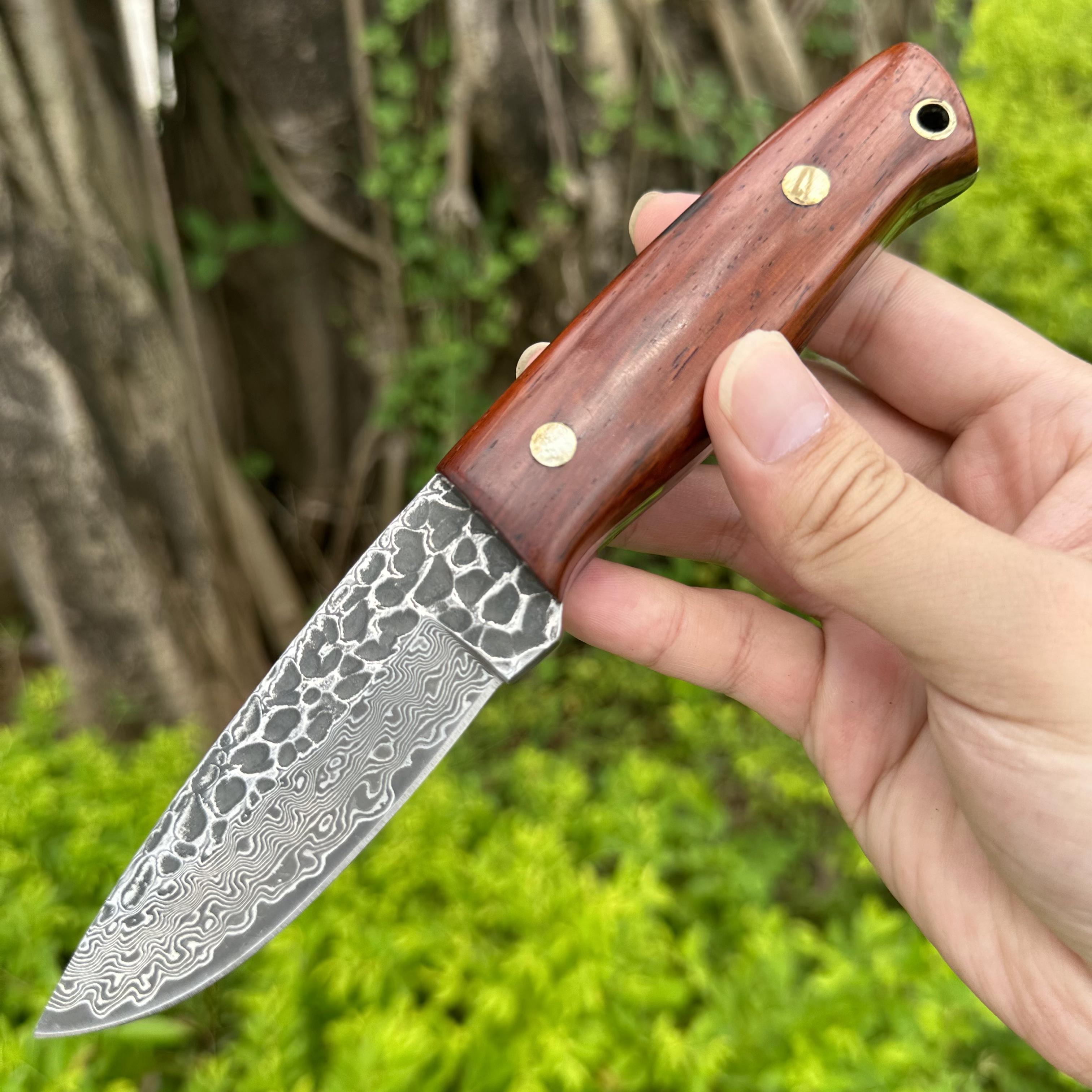 NK1301 Damascus Fixed Blade Knife Sandalwood Handle Leather Sheath