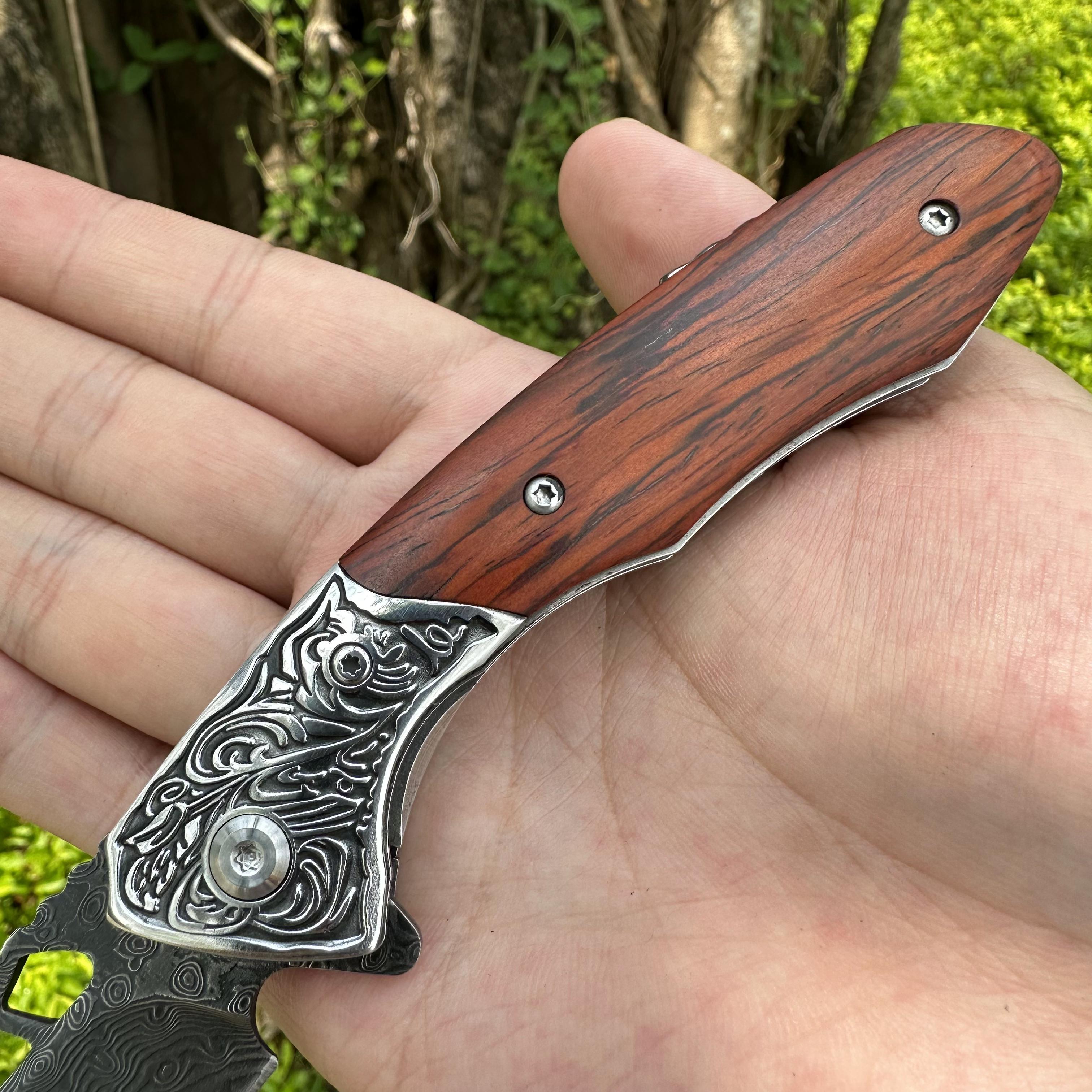 RJ04 Damascus Blade Sandalwood Handle Pocket Knife Liner Lock