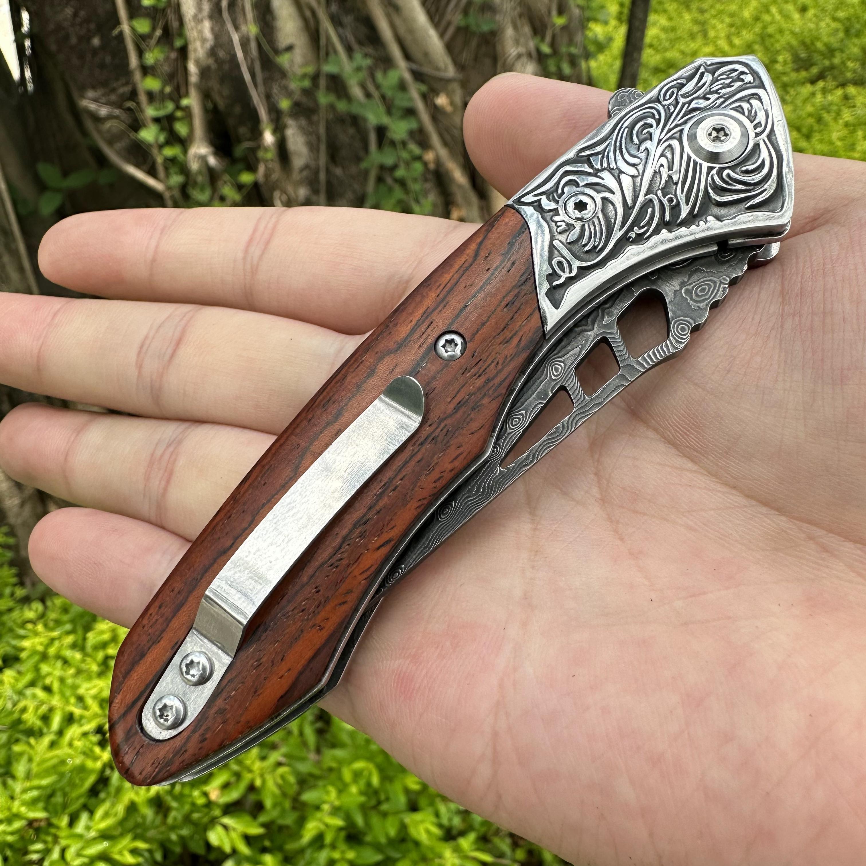 RJ04 Damascus Blade Sandalwood Handle Pocket Knife Liner Lock