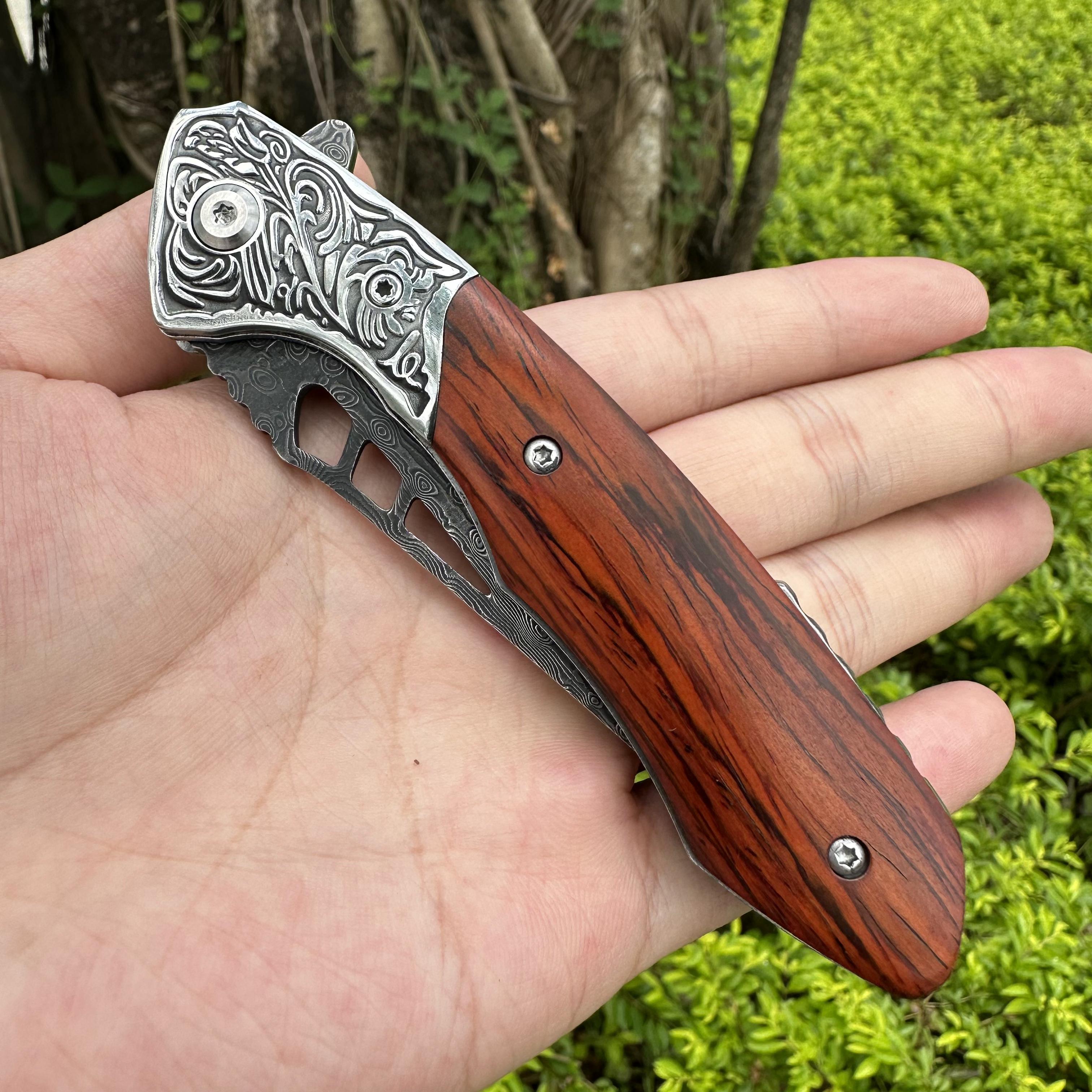 RJ04 Damascus Blade Sandalwood Handle Pocket Knife Liner Lock