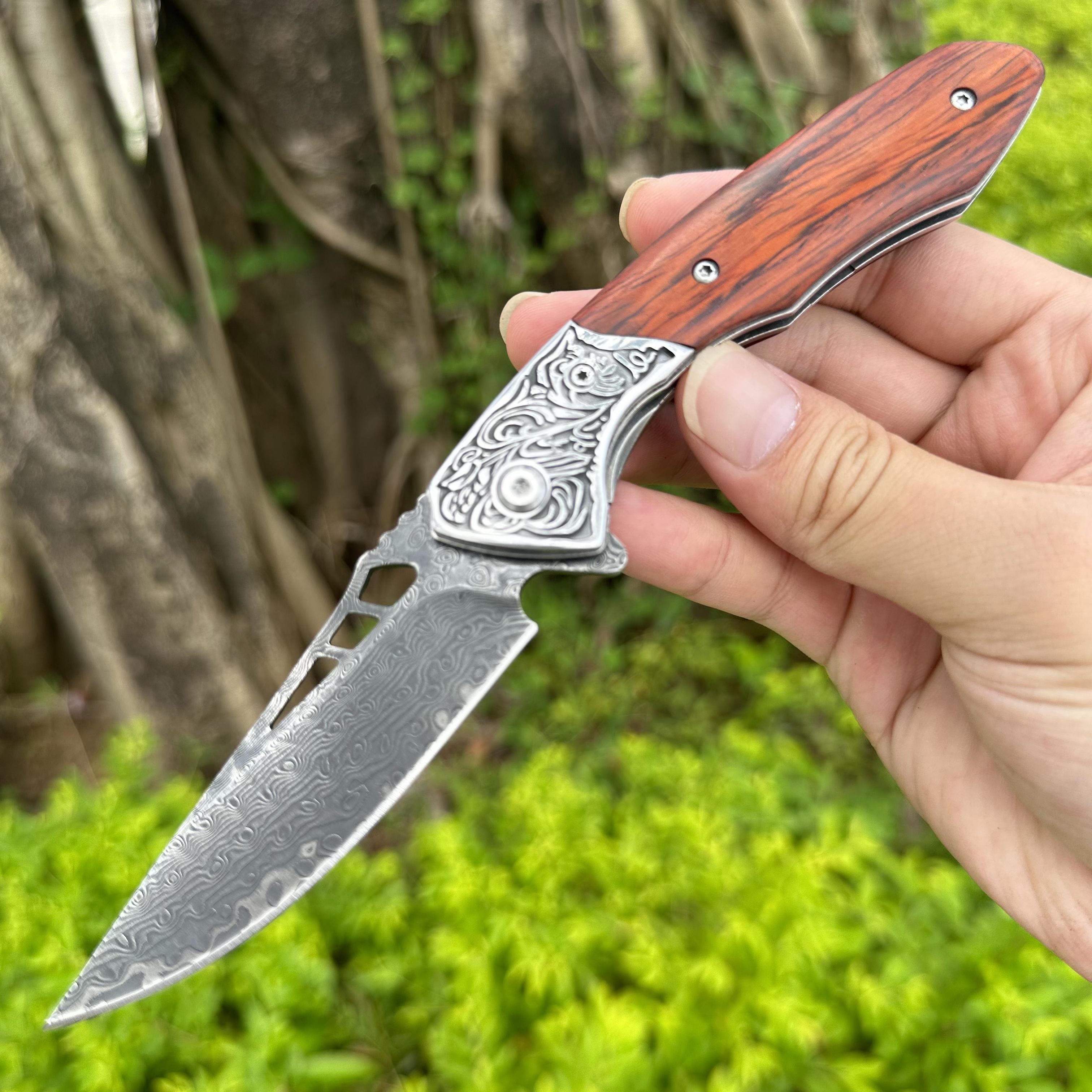 RJ04 Damascus Blade Sandalwood Handle Pocket Knife Liner Lock