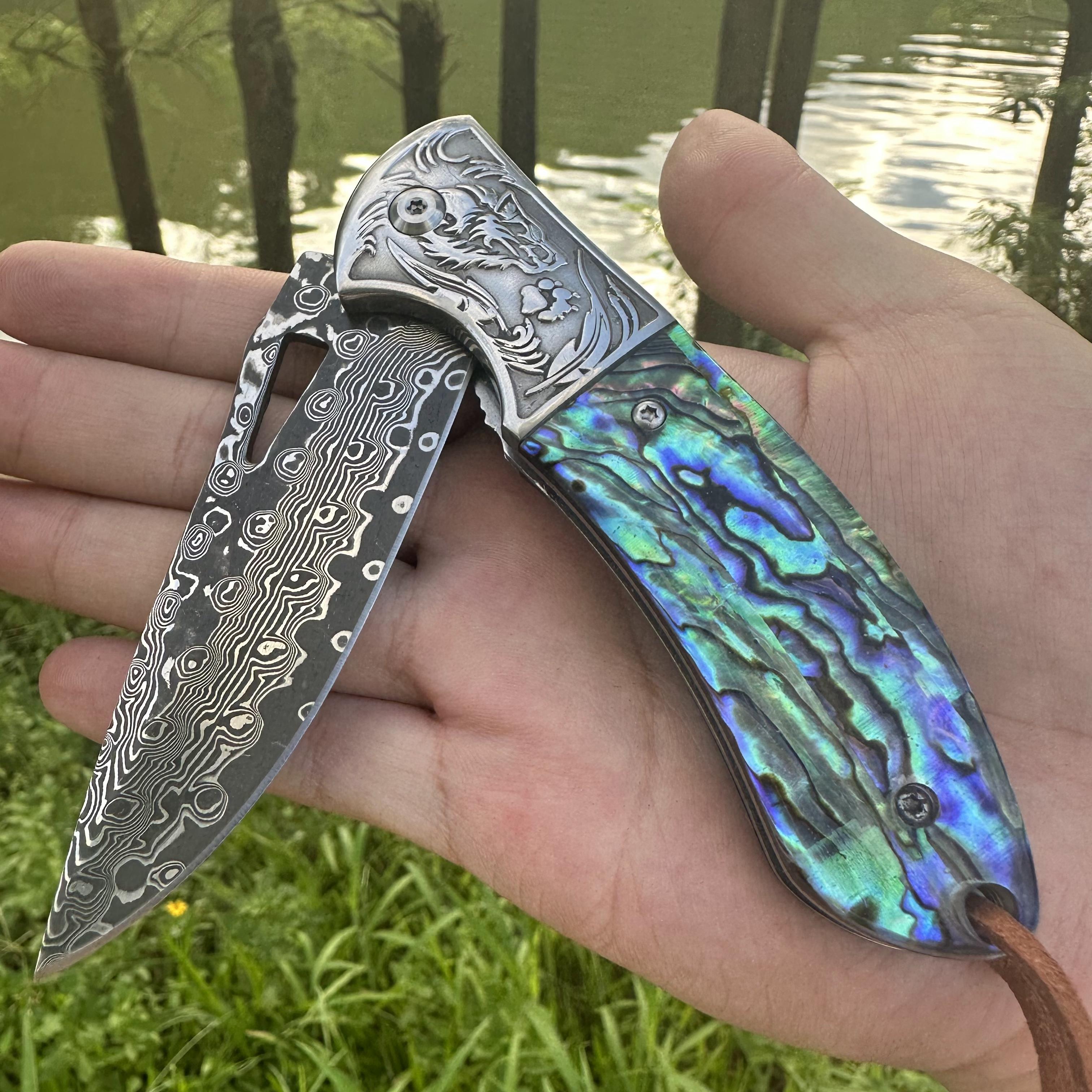 RJ06 Damascus Blade Abalone Shell/Sandalwood Handle Folding Knife Liner Lock