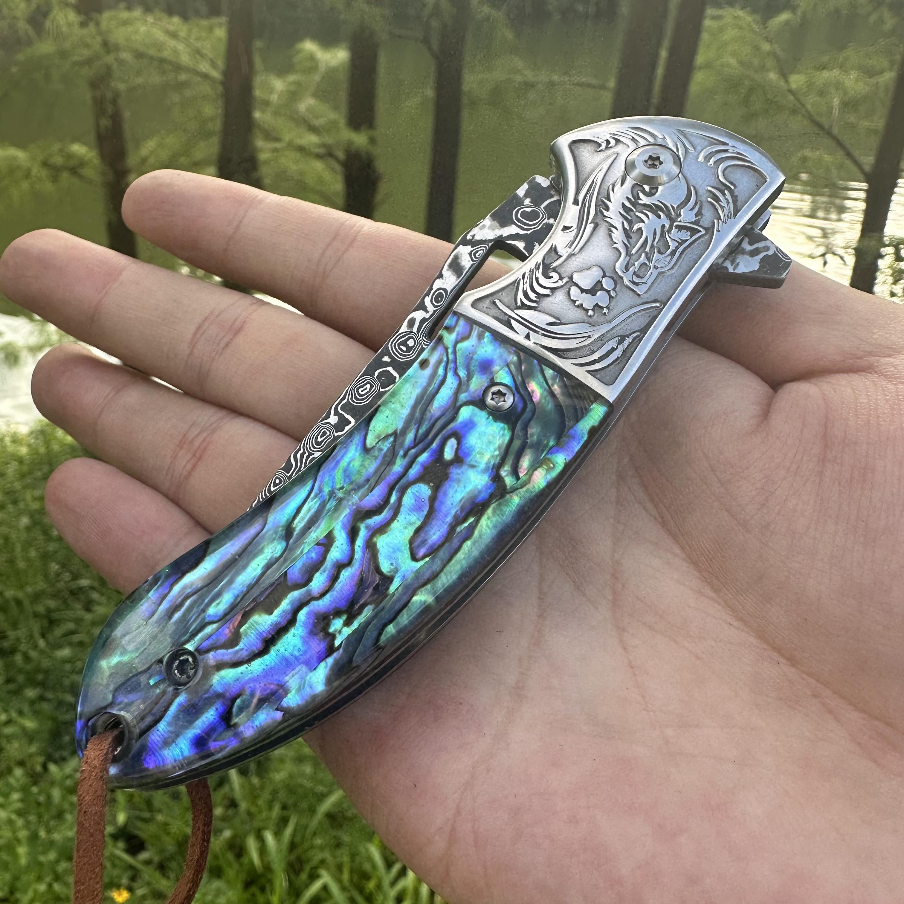 RJ06 Damascus Blade Abalone Shell/Sandalwood Handle Folding Knife Liner Lock