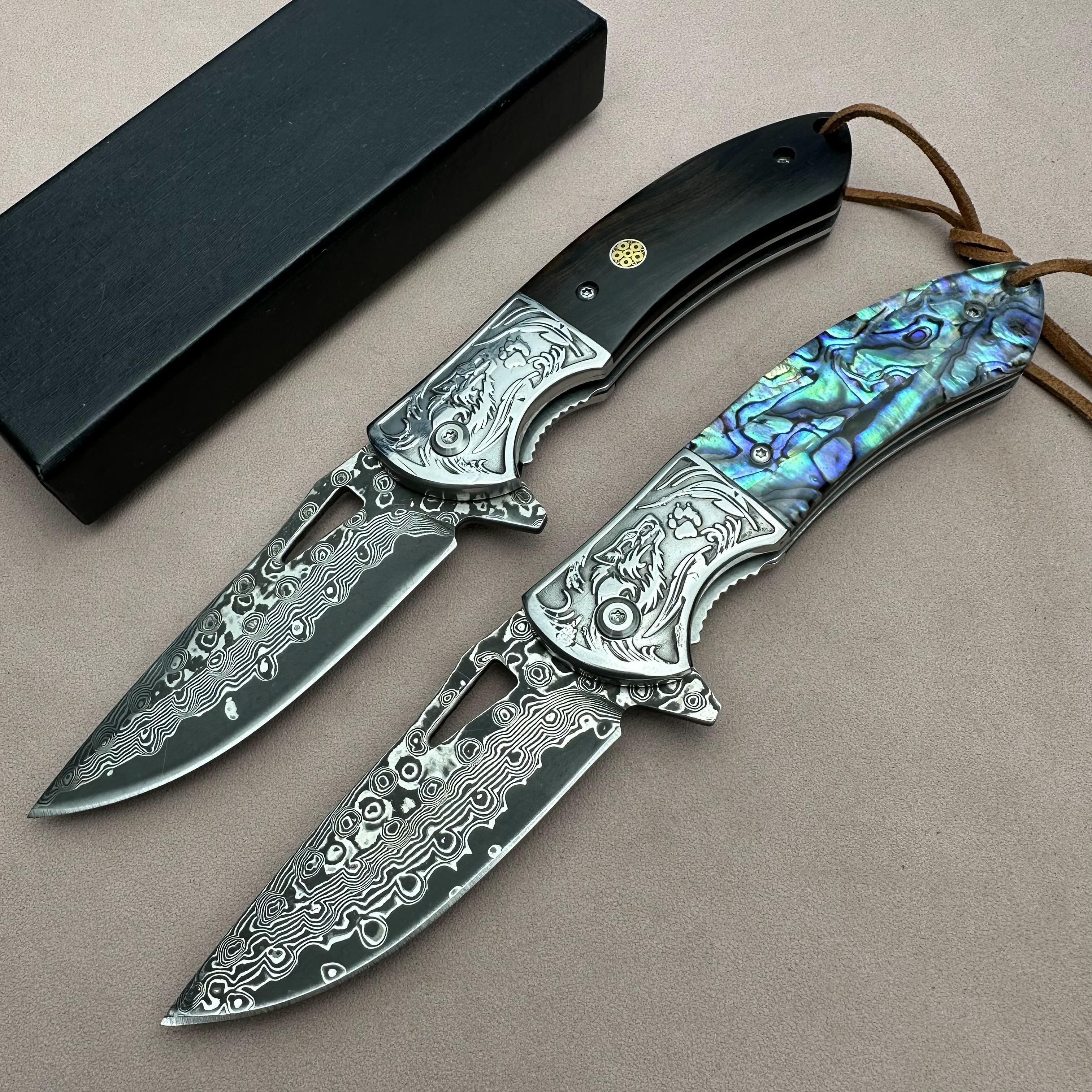 RJ06 Damascus Blade Abalone Shell/Sandalwood Handle Folding Knife Liner Lock