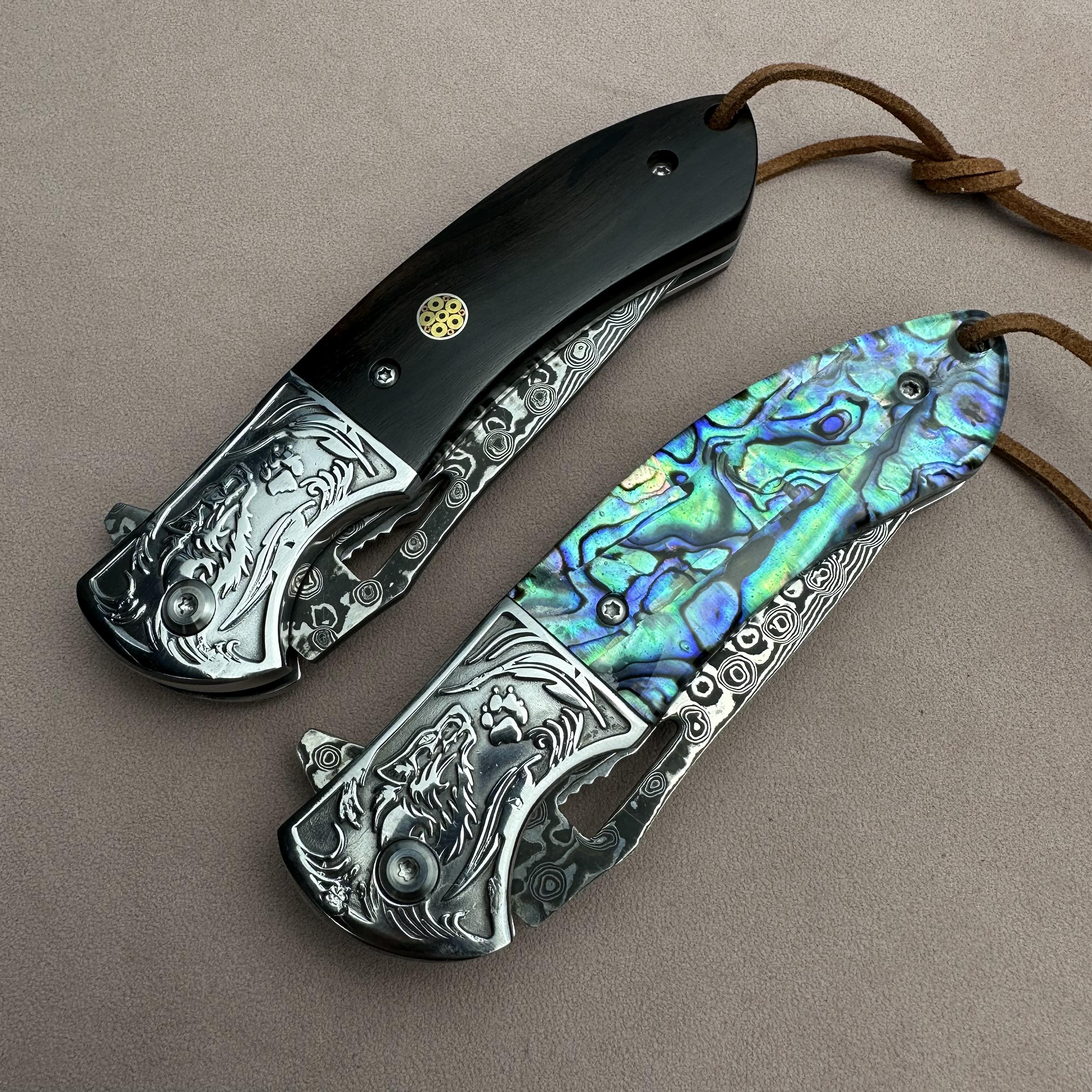 RJ06 Damascus Blade Abalone Shell/Sandalwood Handle Folding Knife Liner Lock