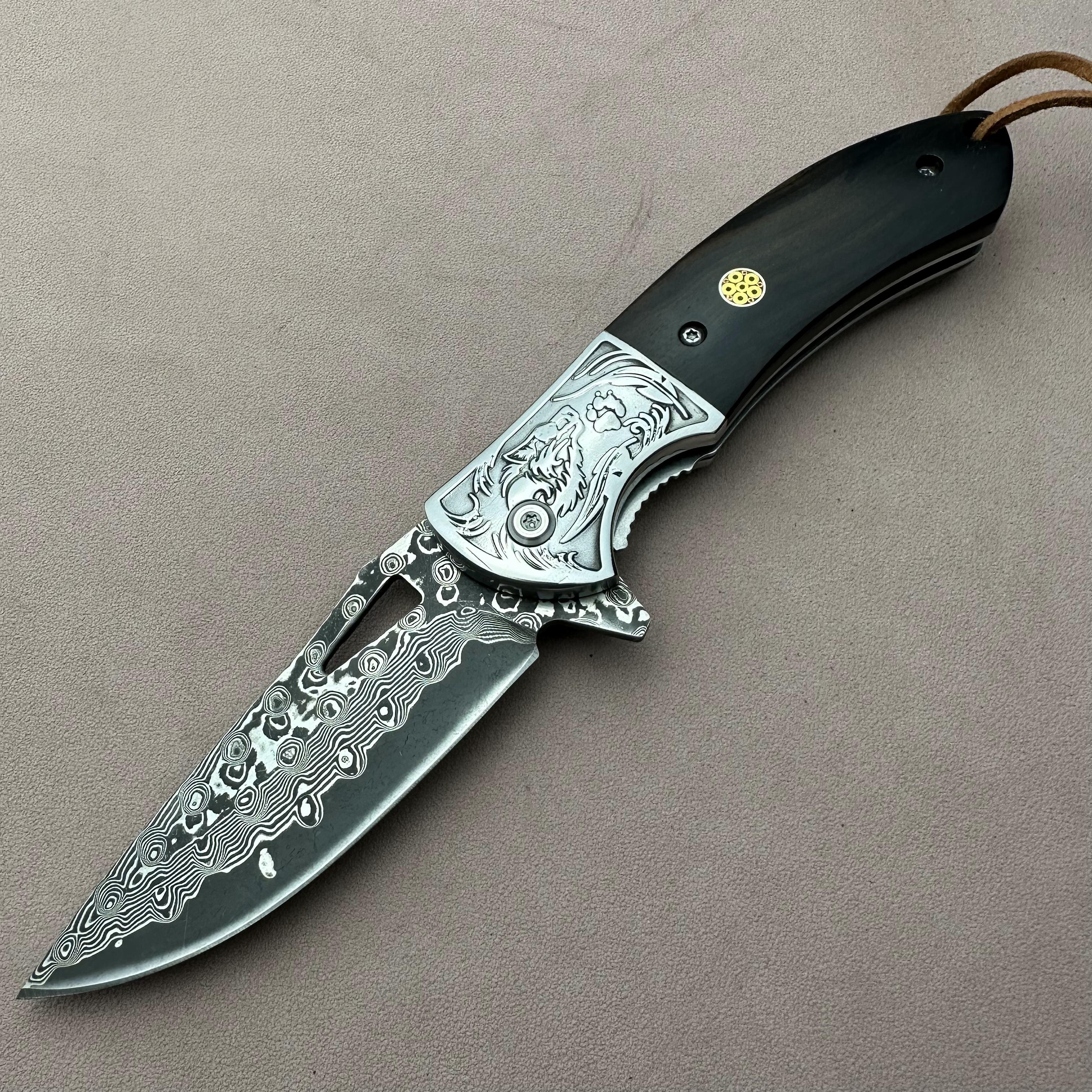 RJ06 Damascus Blade Abalone Shell/Sandalwood Handle Folding Knife Liner Lock