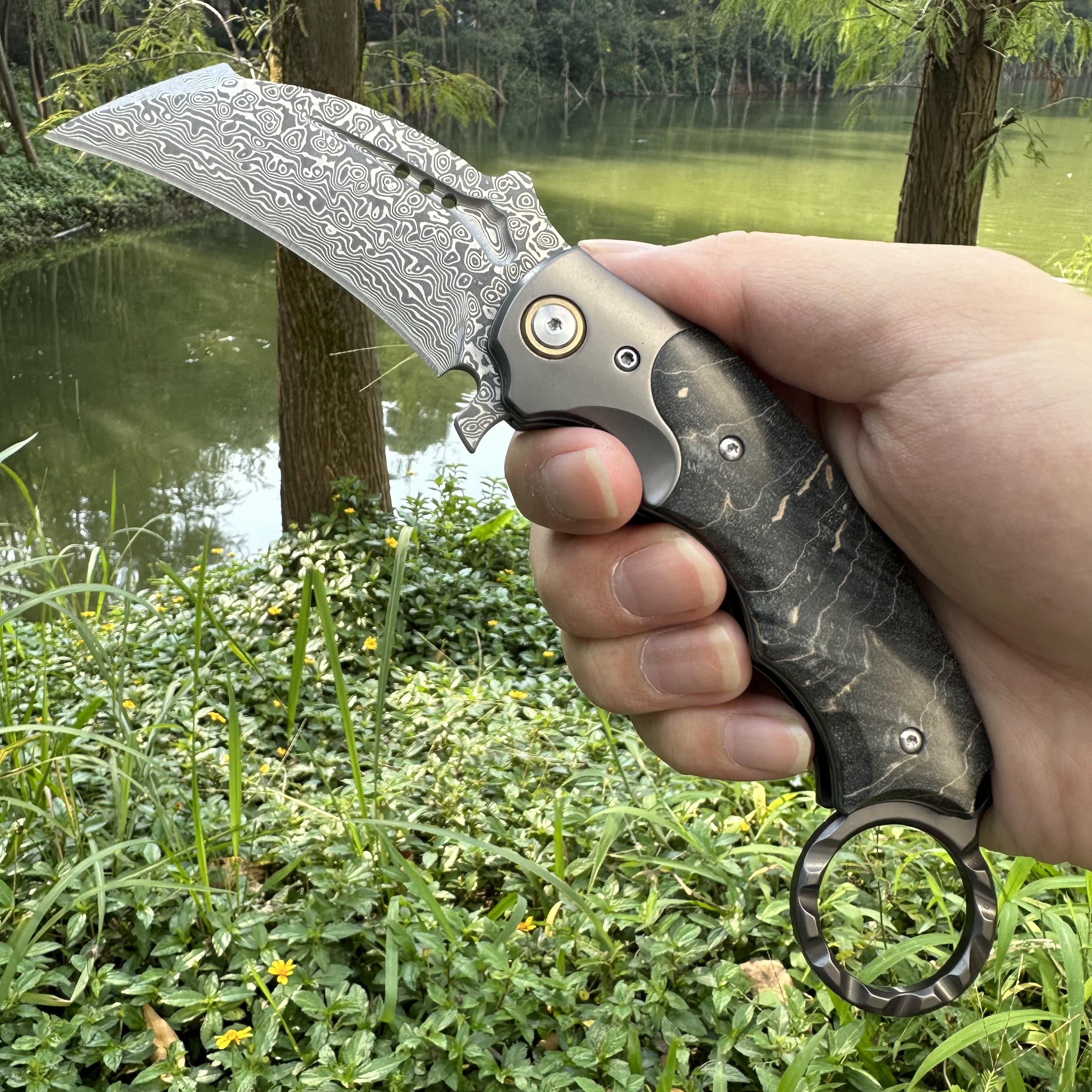 XG4280 Damascus Blade Stable Wood Handle Folding Karambit