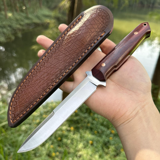 XG4278 D2 Fixed Blade Knife Sandalwood Handle Leather Sheath