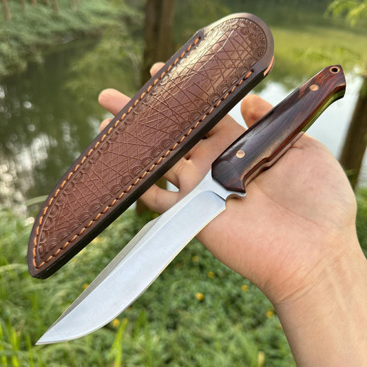 XG4279 D2 Fixed Blade Knife Sandalwood Handle Leather Sheath