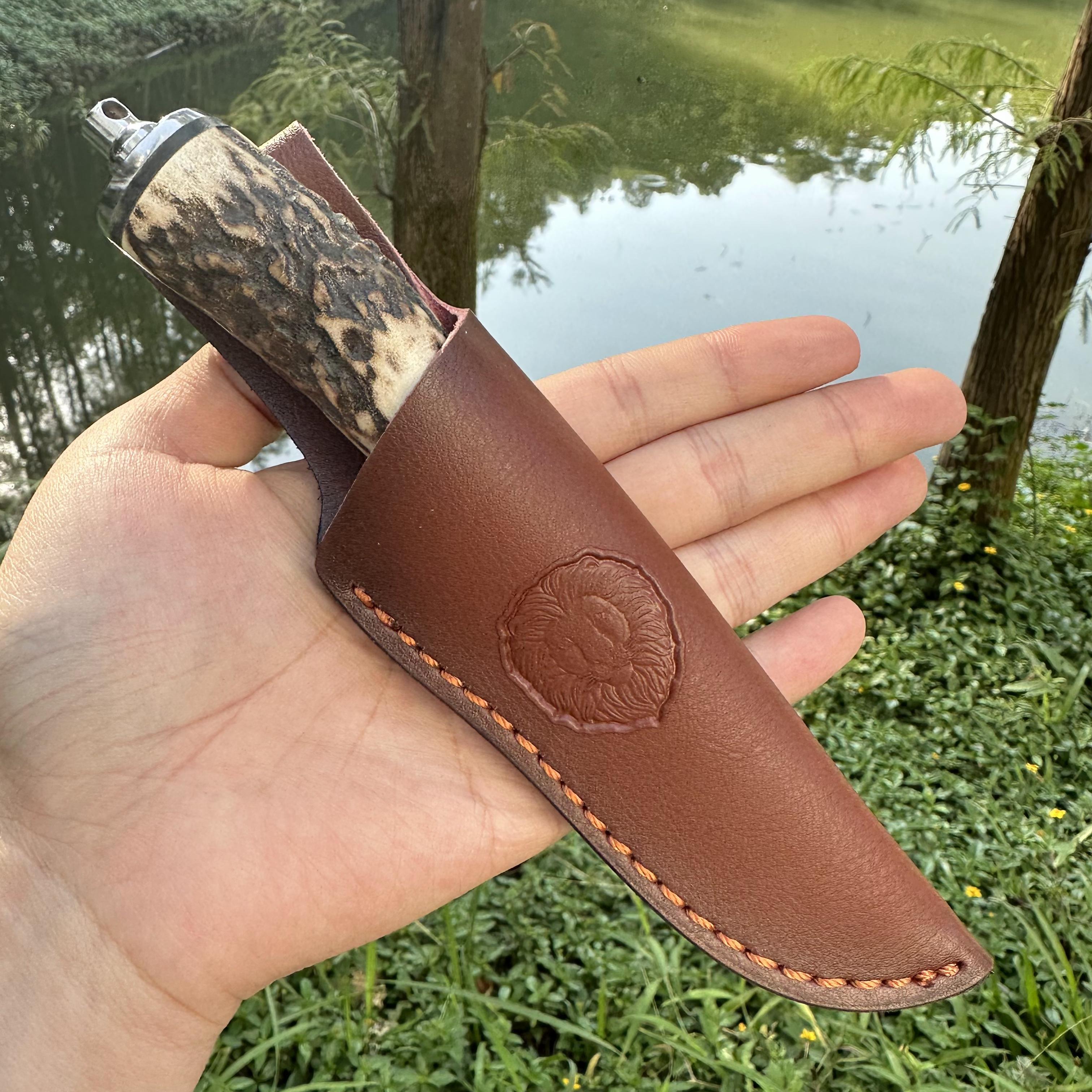 DG2375 Fixed Damascus VG10 Blade Antlers Handle Leather Sheath