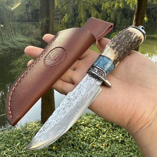 DG2375 Fixed Damascus VG10 Blade Antlers Handle Leather Sheath