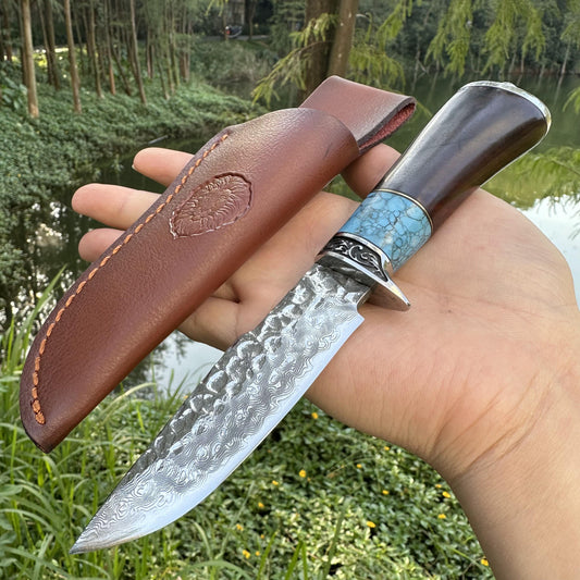 DG2374 Fixed Damascus VG10 Blade Rosewood & Agate Handle Leather Sheath