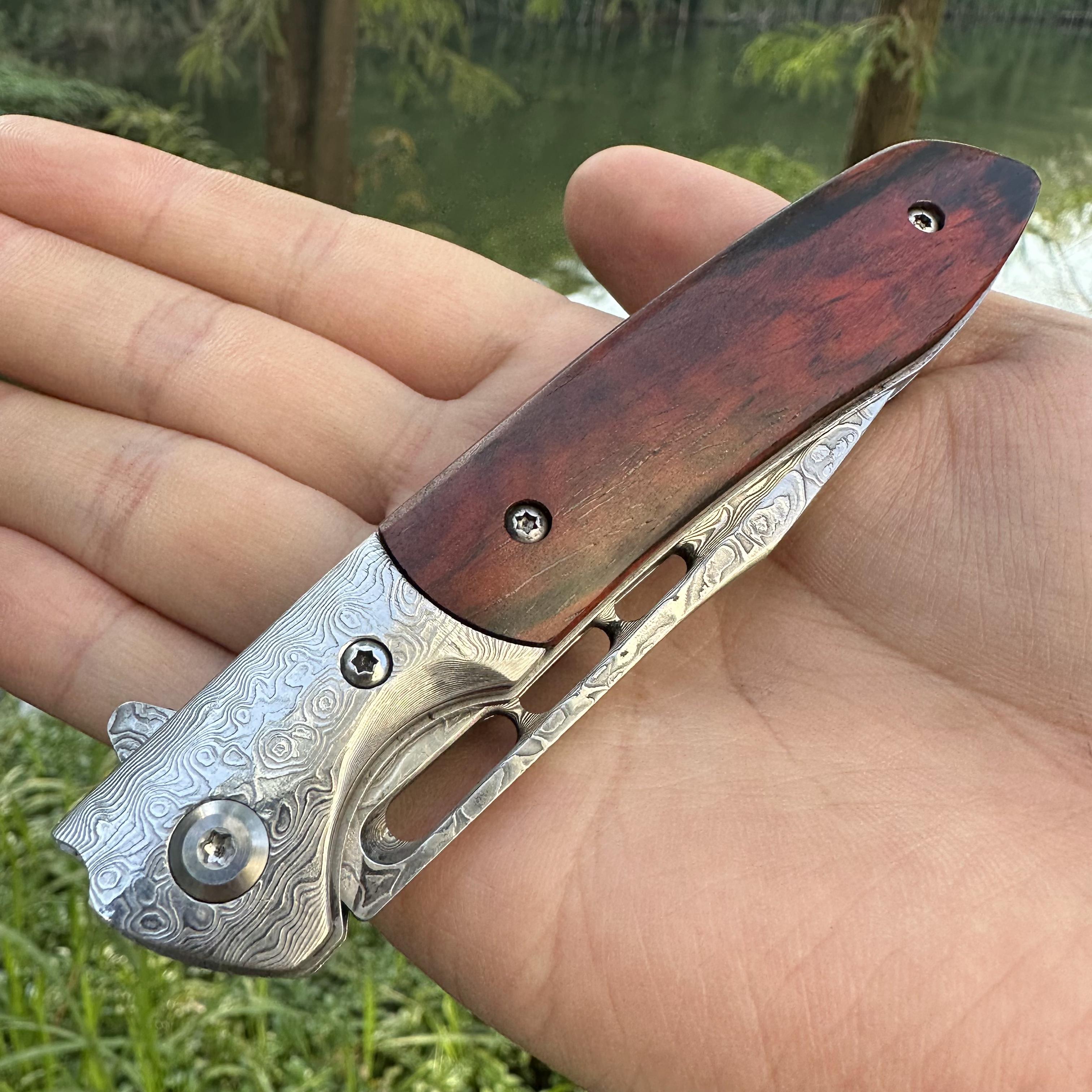 RJ08 Damascus Blade Sandalwood+Damascus Handle Pocket Knife Liner Lock