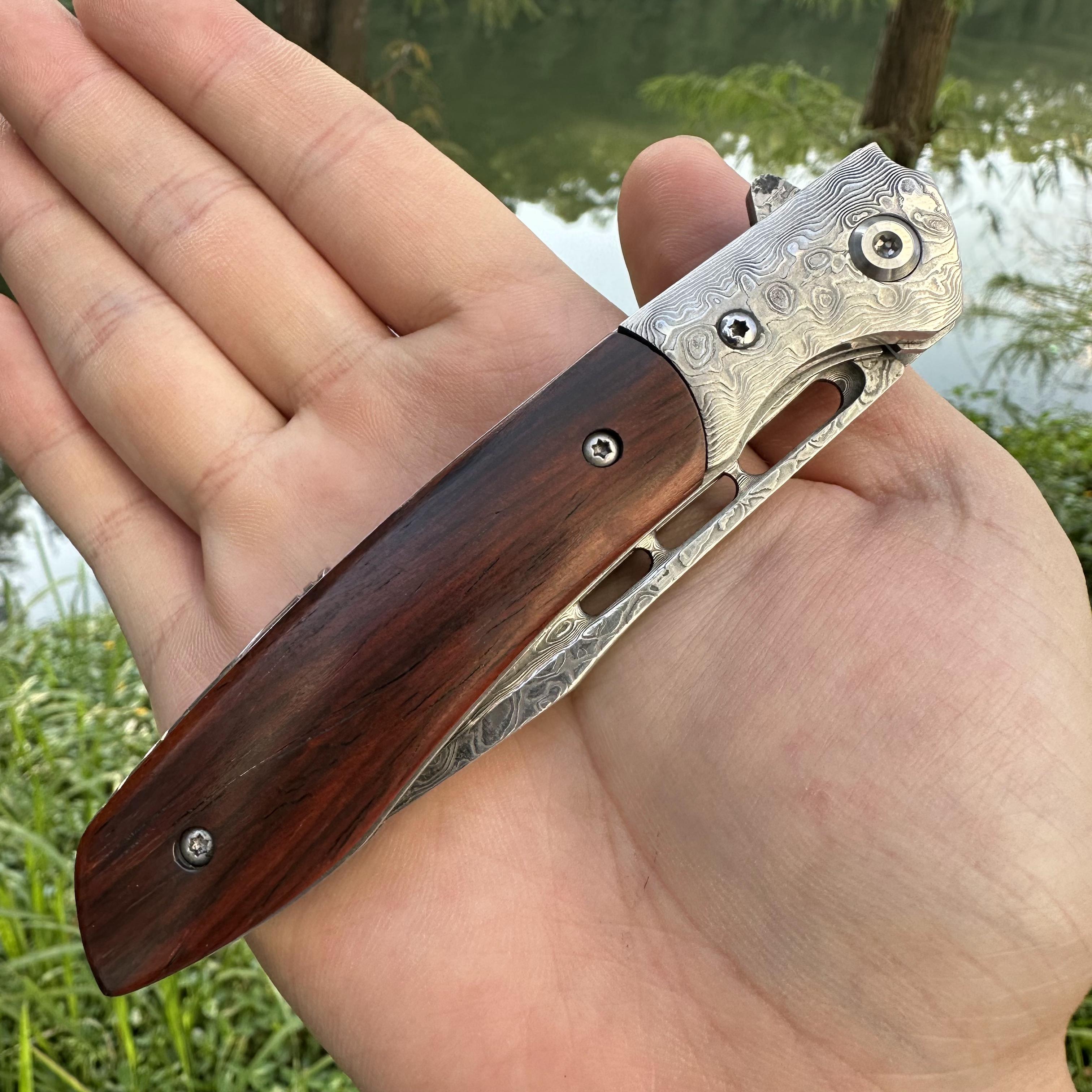 RJ08 Damascus Blade Sandalwood+Damascus Handle Pocket Knife Liner Lock