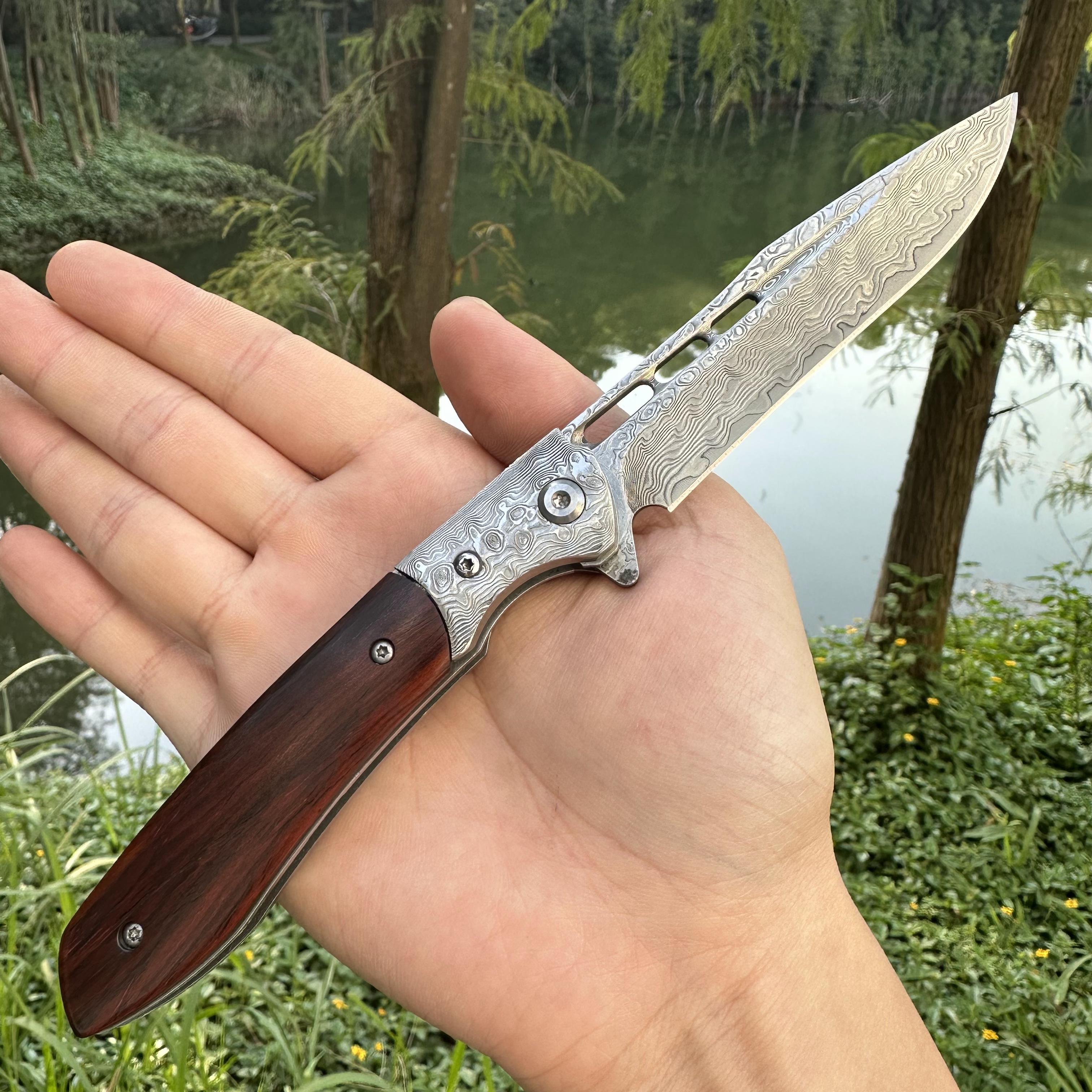 RJ08 Damascus Blade Sandalwood+Damascus Handle Pocket Knife Liner Lock