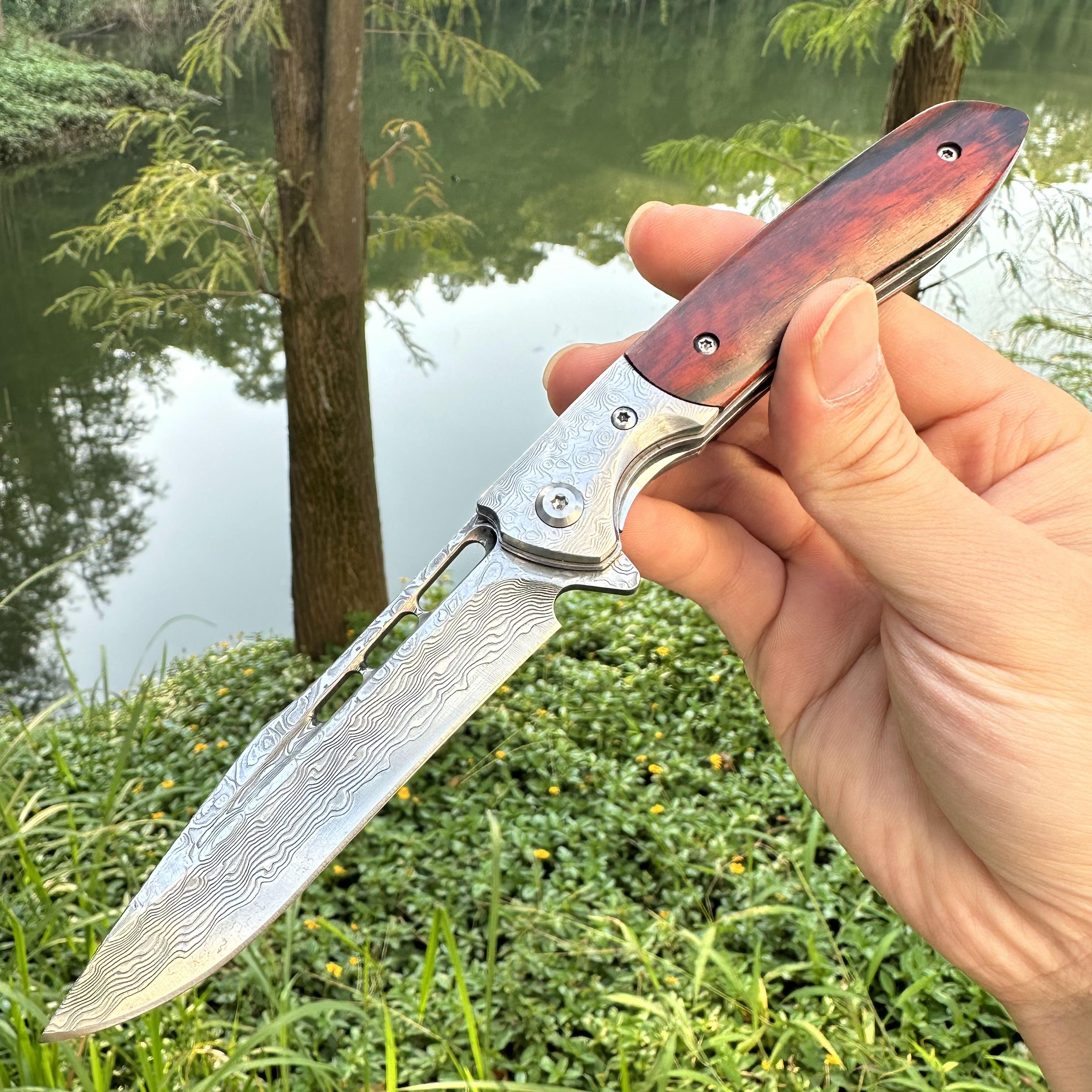 RJ08 Damascus Blade Sandalwood+Damascus Handle Pocket Knife Liner Lock