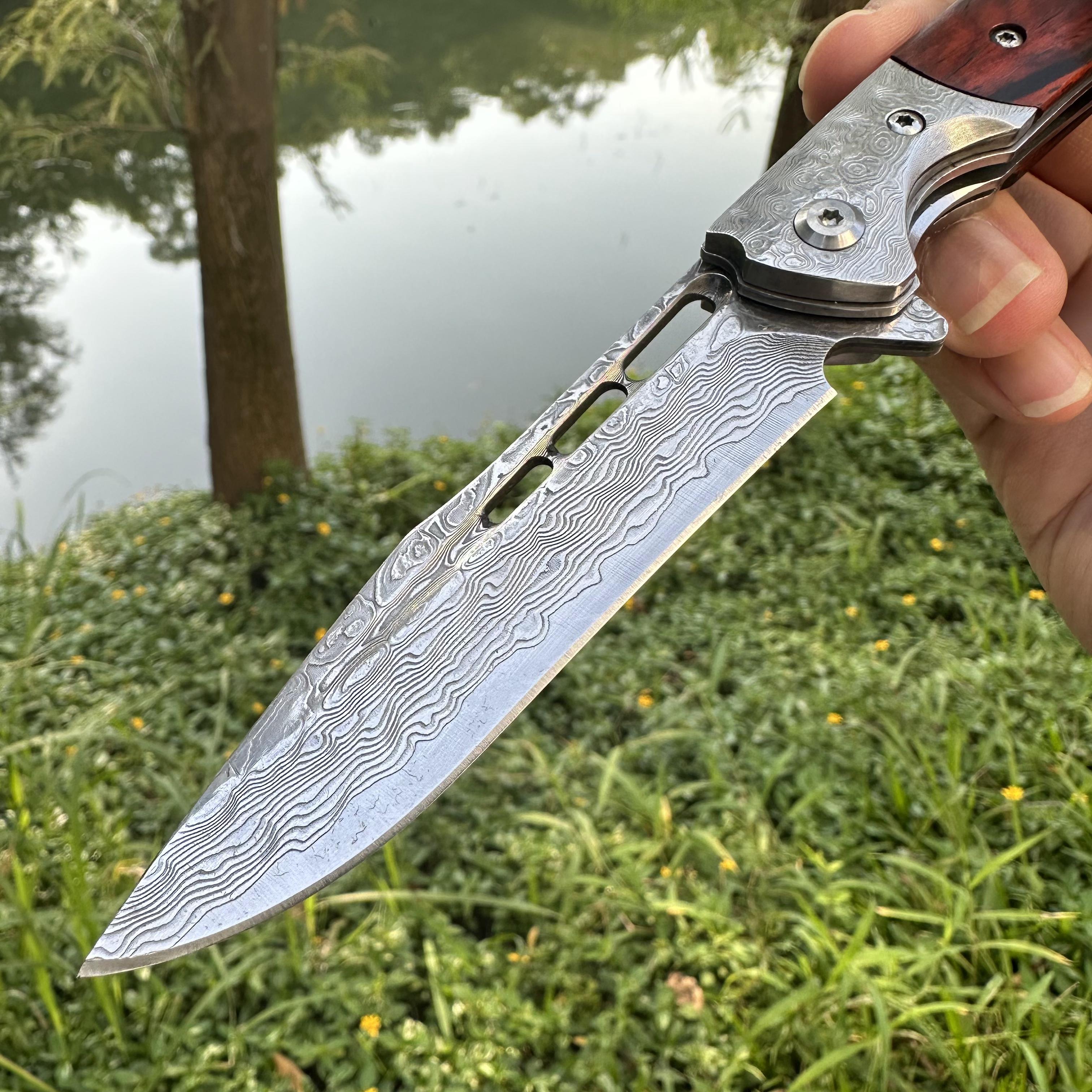 RJ08 Damascus Blade Sandalwood+Damascus Handle Pocket Knife Liner Lock