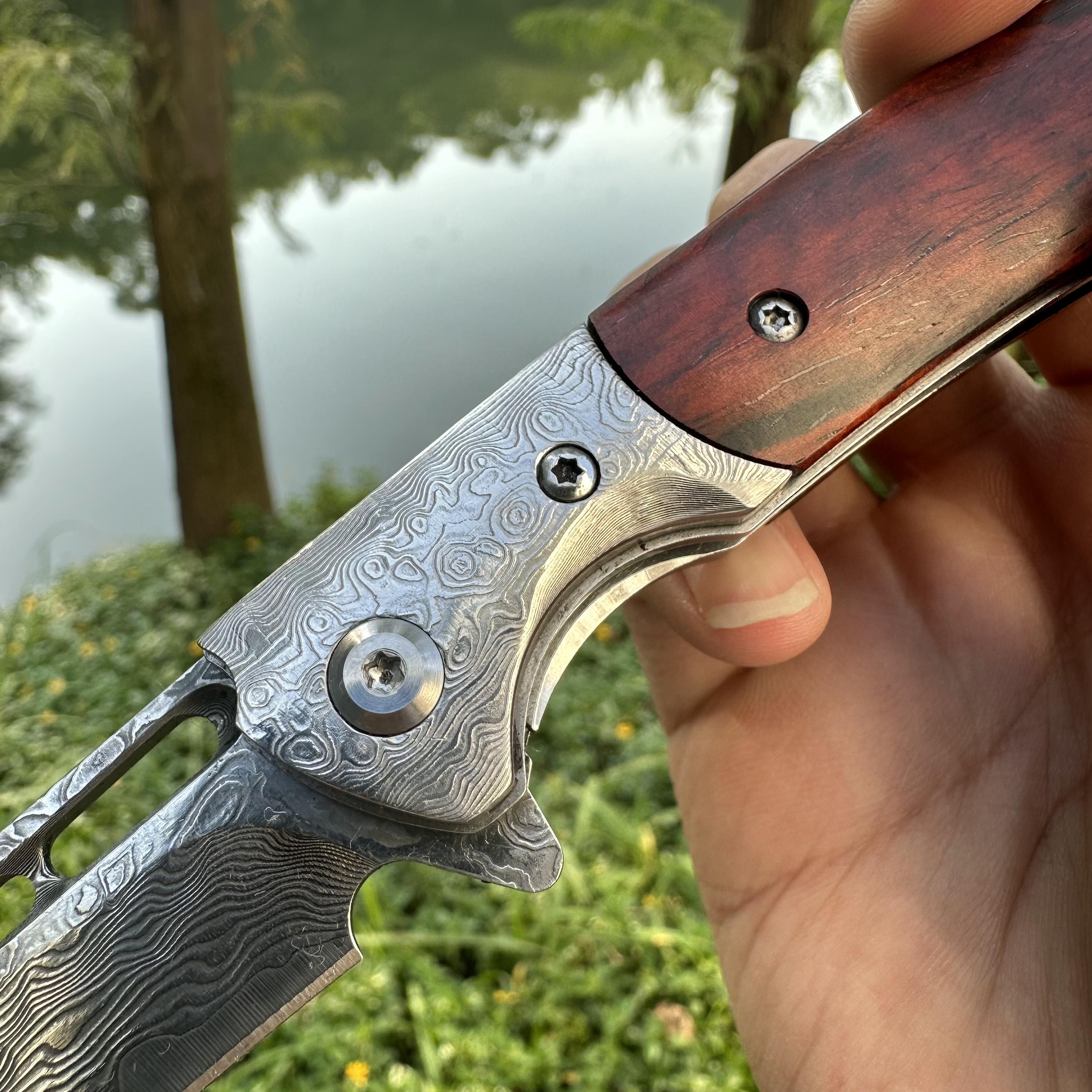 RJ08 Damascus Blade Sandalwood+Damascus Handle Pocket Knife Liner Lock