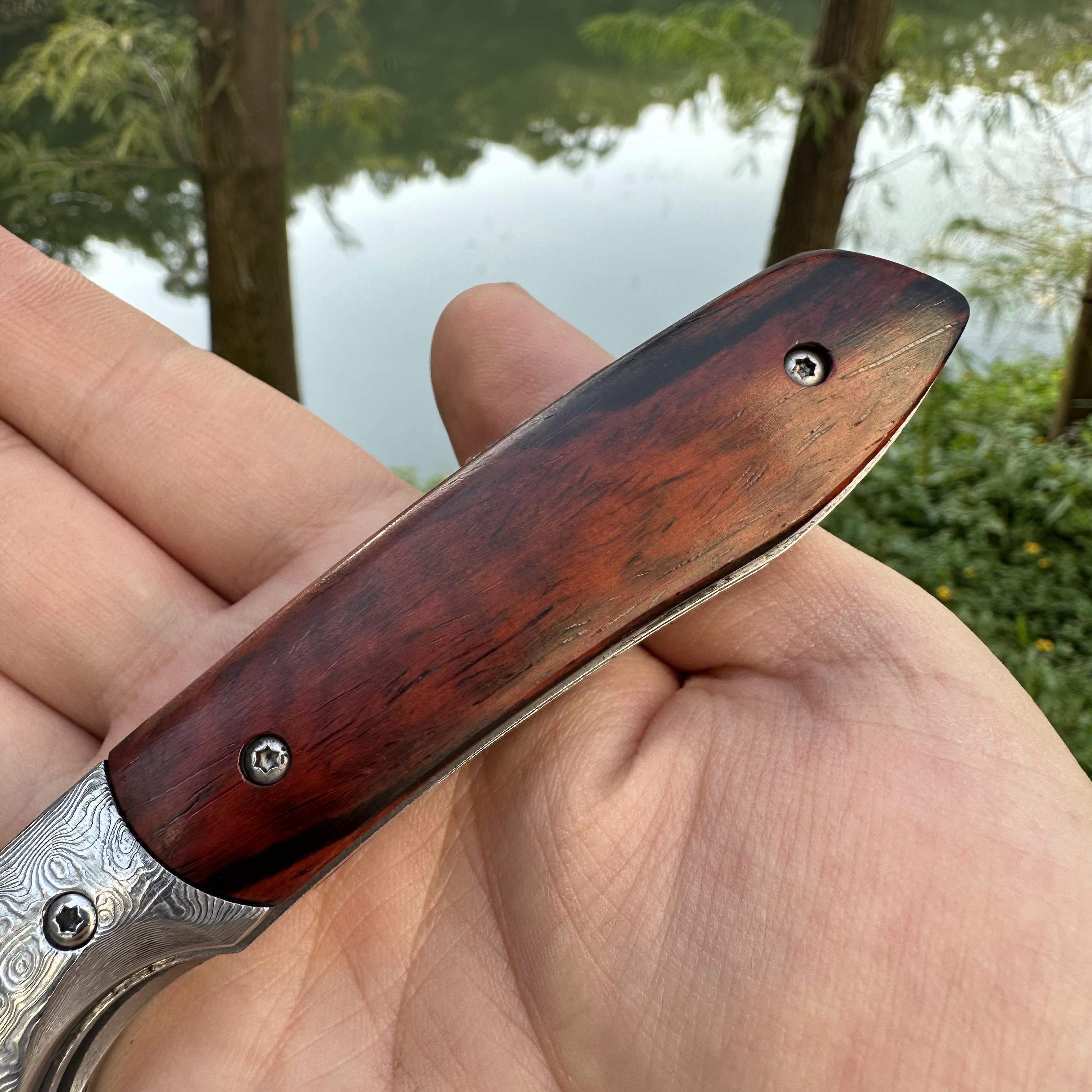 RJ08 Damascus Blade Sandalwood+Damascus Handle Pocket Knife Liner Lock