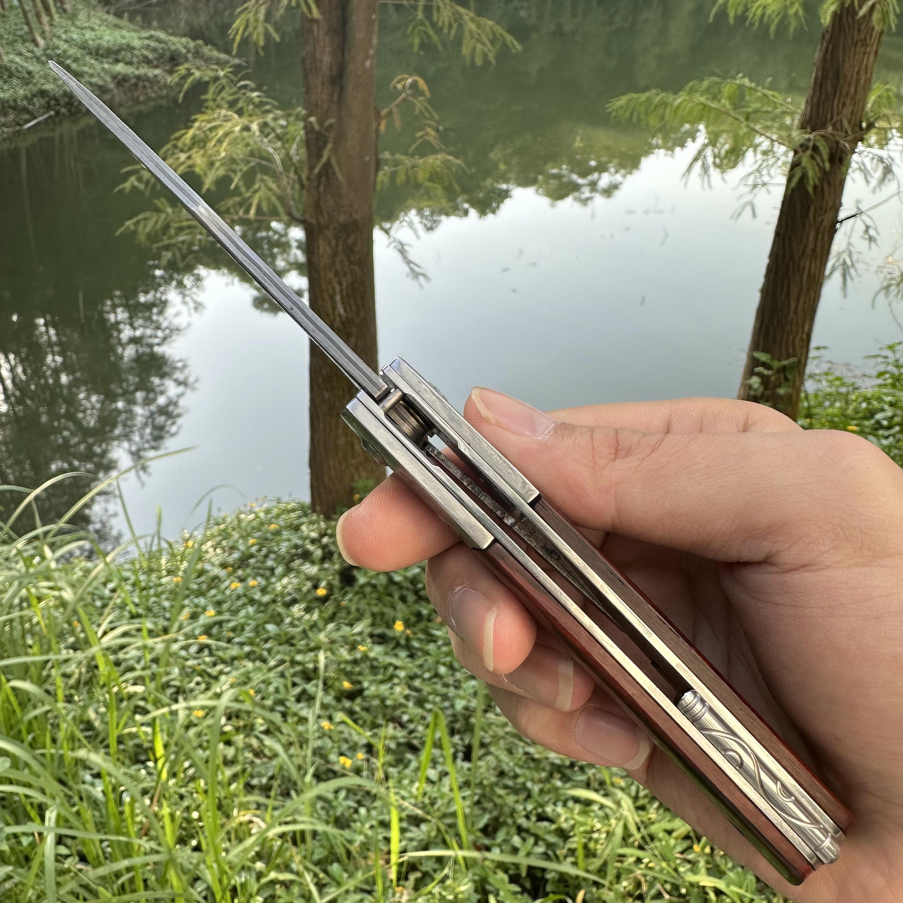 RJ08 Damascus Blade Sandalwood+Damascus Handle Pocket Knife Liner Lock